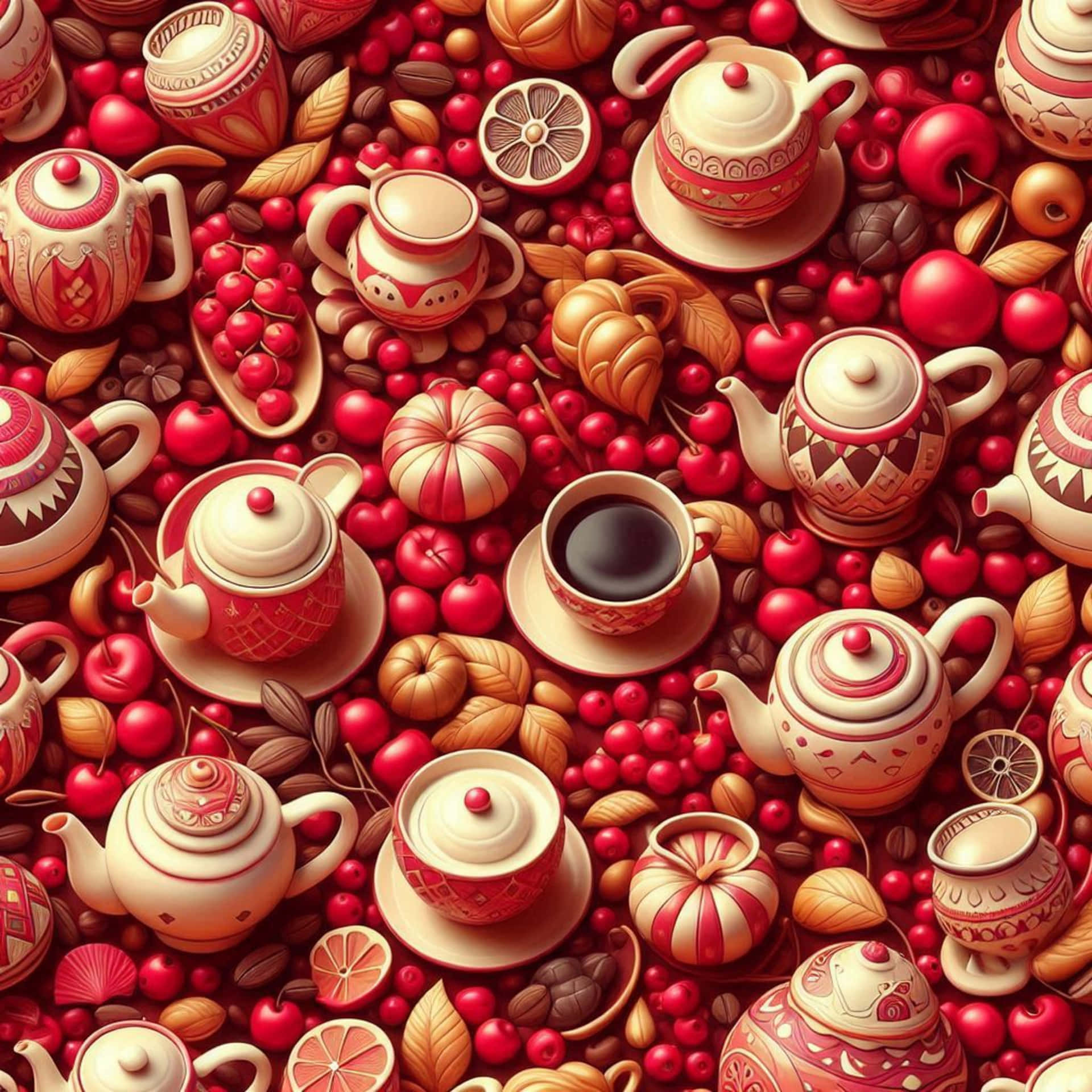 3D pattern cups 壁紙 — 一個充滿活力的圖案，裝飾性的紅色和奶油色茶壺、茶杯和茶碟，點綴在櫻桃、柑橘片和咖啡豆之間。