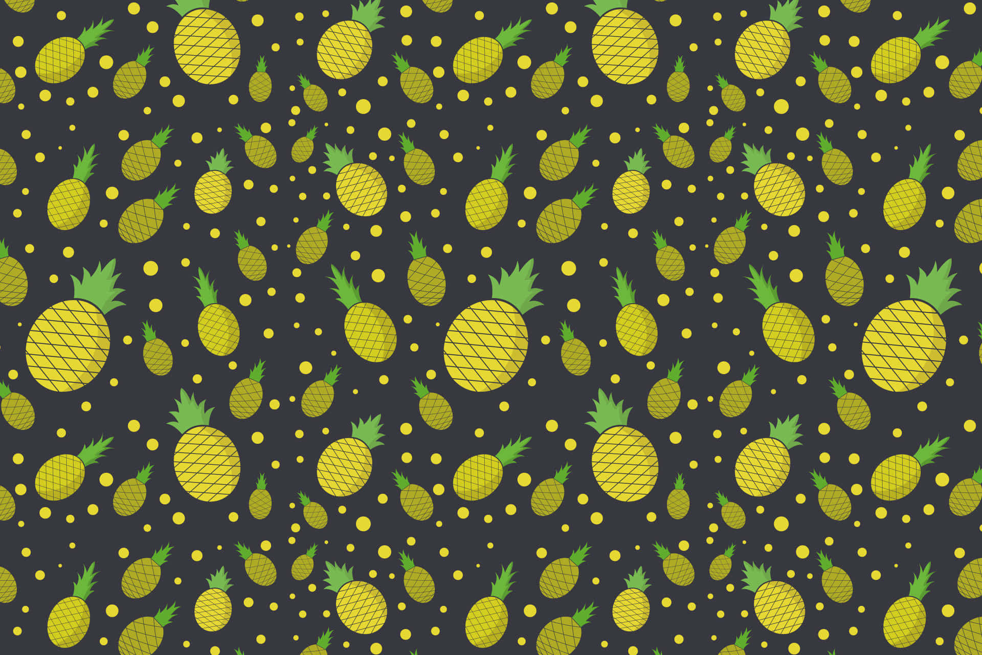 Pineapple Pattern 壁紙 — 一個充滿活力的圖案，黃色鳳梨帶有綠色皇冠，散落在深灰色背景上，綴有細小的黃色圓點。