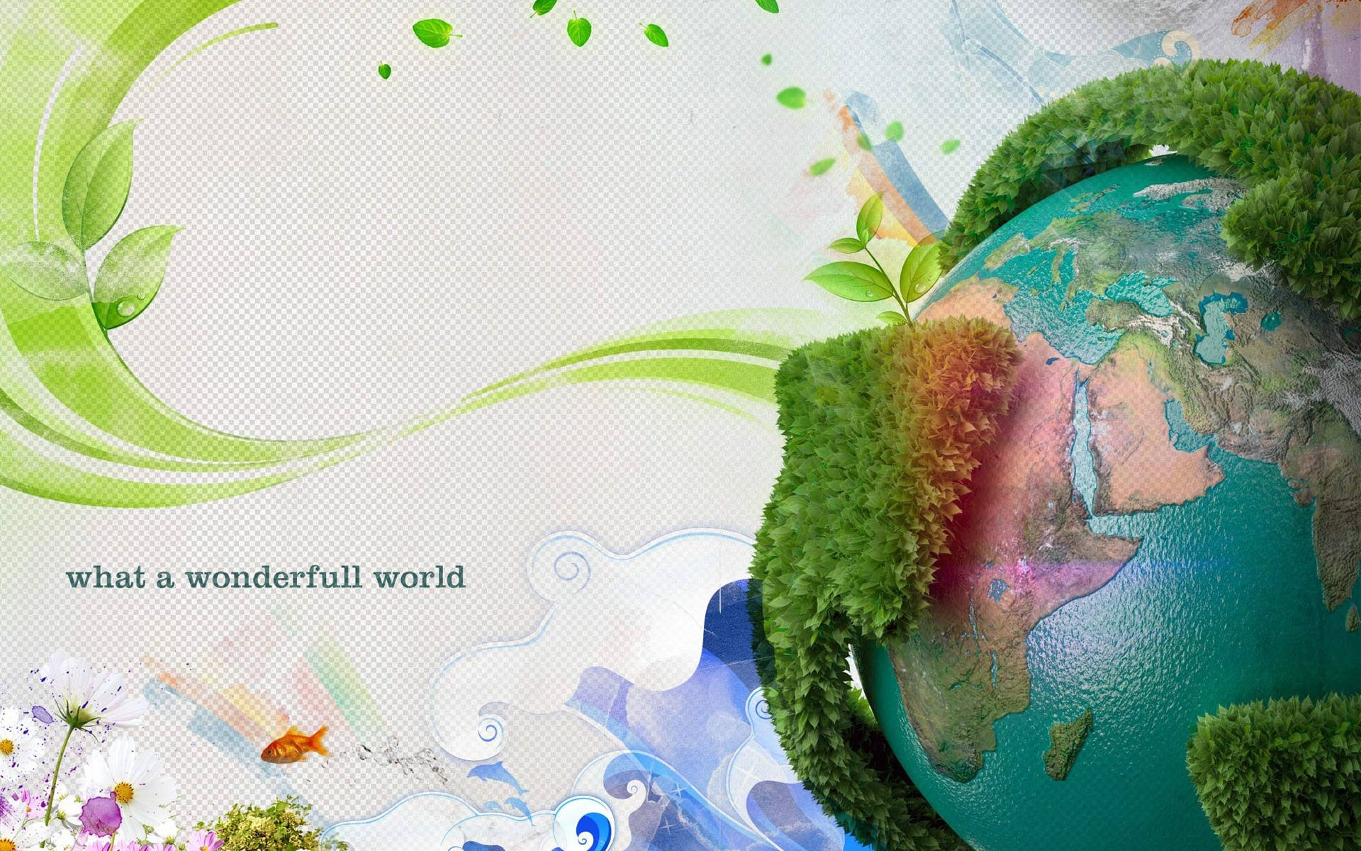 Earth Day 桌布 壁紙 — 一個充滿活力的地球儀，覆蓋著茂密的綠色苔蘚和葉子，在柔軟的紋理背景上與花卉圖案和一條金色的魚旋轉。