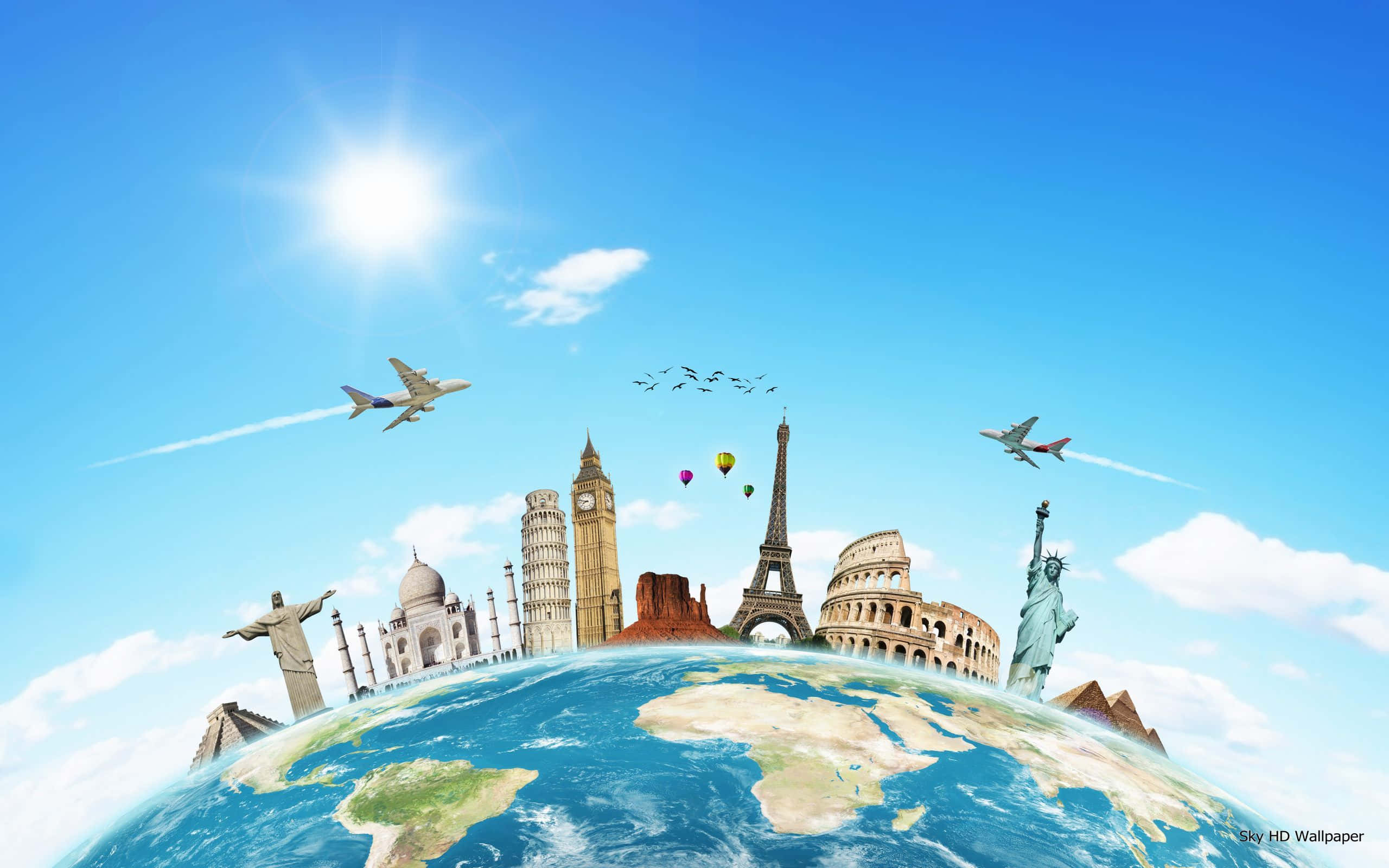 Travel And Tourism 桌布 壁紙 — 一個充滿活力的地球儀展示了在明亮陽光下，飛機在頭頂飛過的標誌性全球地標。