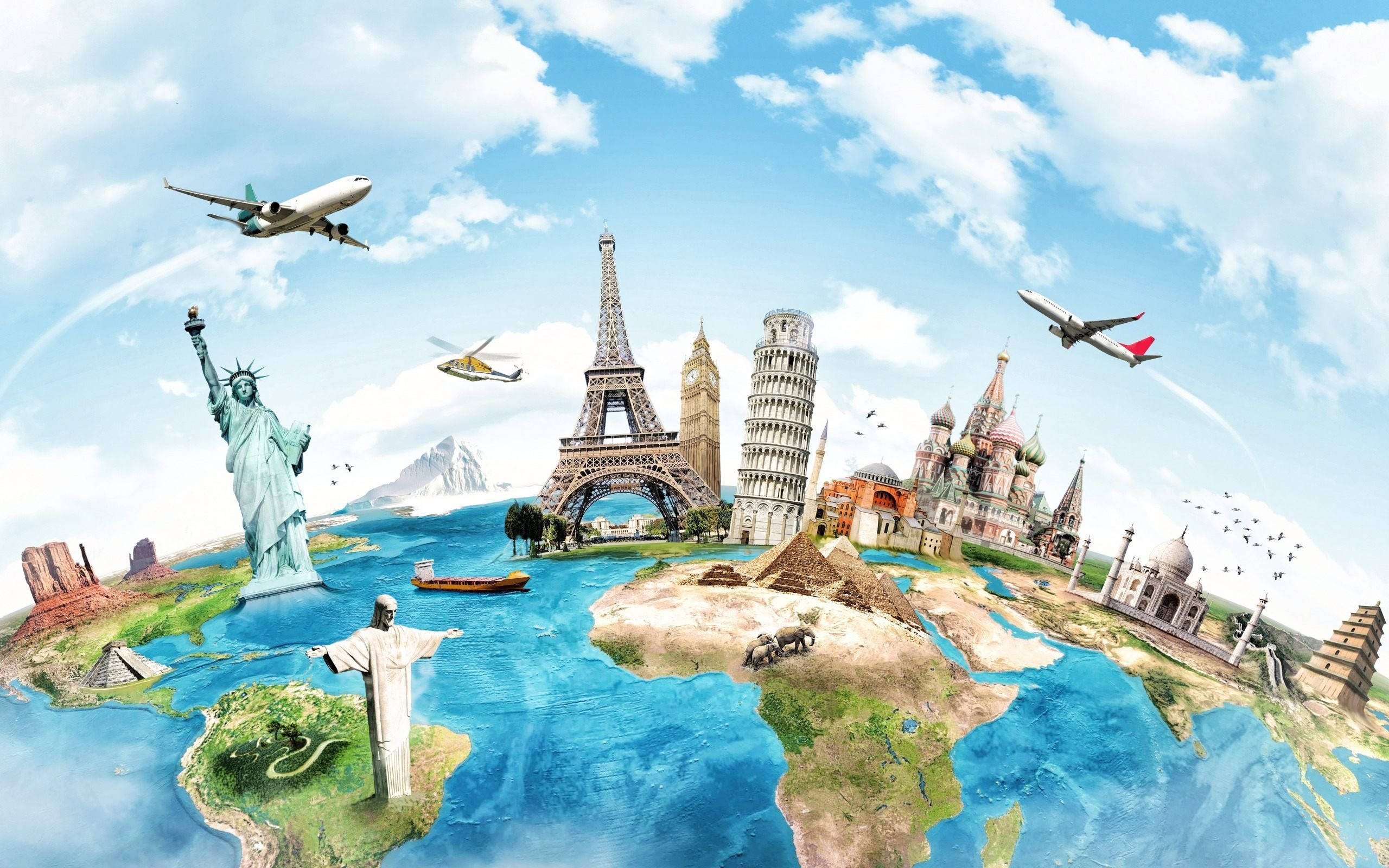 Travel HD 桌布 壁紙 — 一個充滿活力的地球儀拼貼畫，以艾菲爾鐵塔、自由女神像和救世基督像等標誌性地標為特色，在明亮的藍天下有飛機飛過。