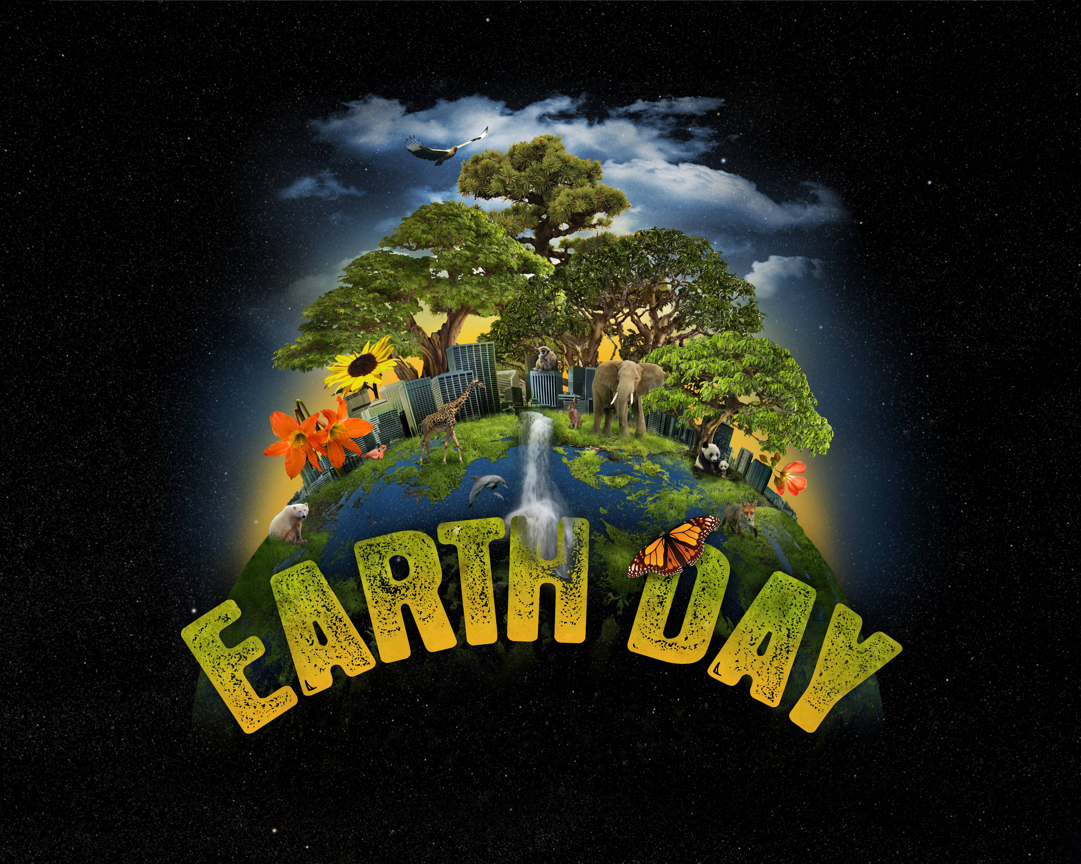 Earth Day 桌布 壁紙 — 一個充滿活力的地球日地球儀，點綴著茂密的樹木、動物和花朵，背景是繁星點點的夜空，還有一隻飛翔的鳥。