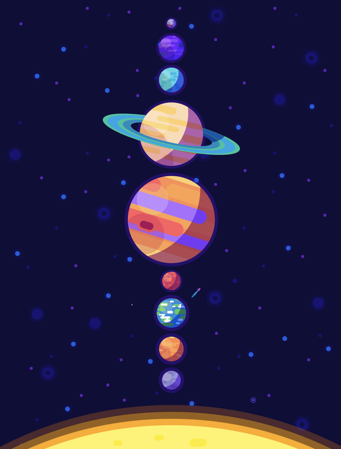 設計 桌布 壁紙 — 一個充滿活力的垂直堆疊風格化行星，背景是繁星點點的夜空，底部有一個發光的太陽。