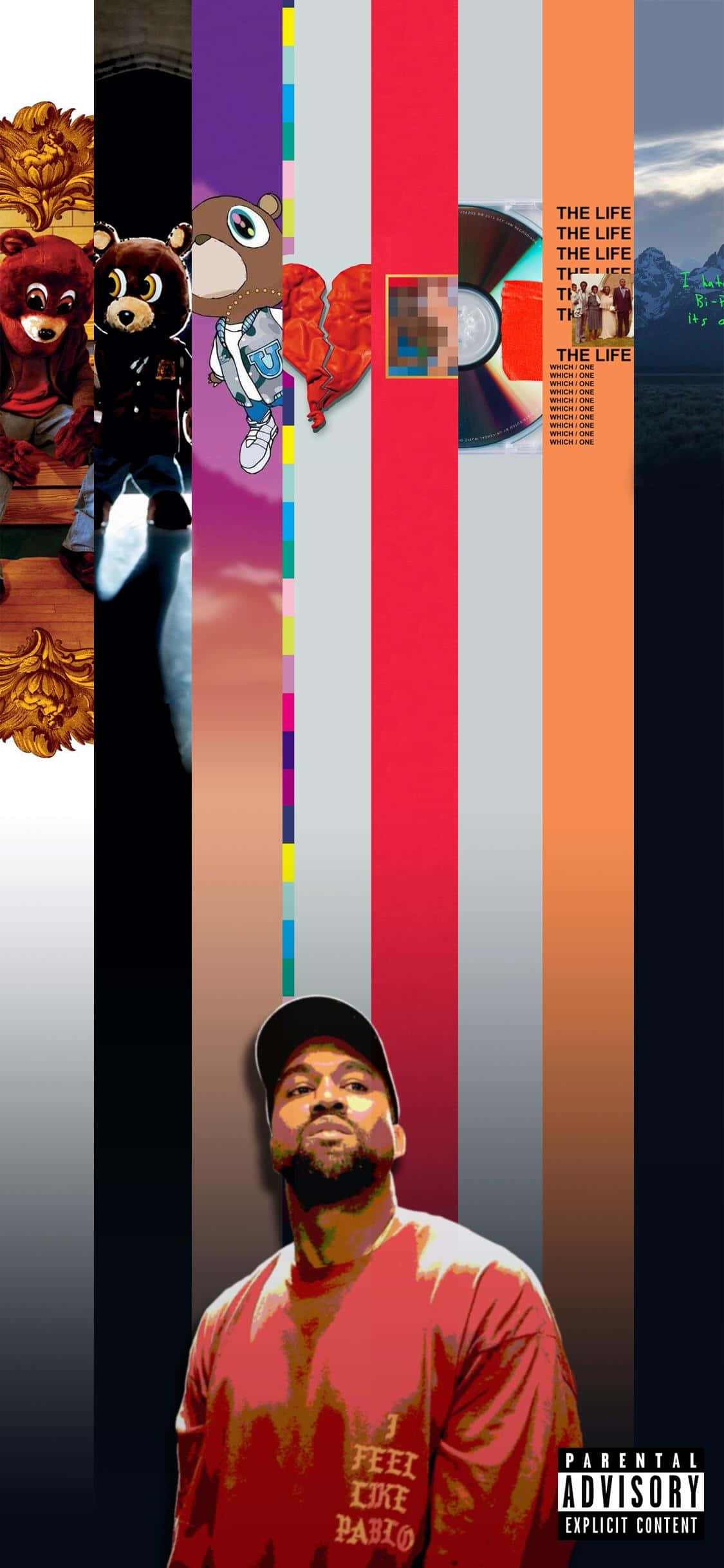 kanye iPhone 桌布 壁紙 — 一個充滿活力的垂直拼貼畫，展示一個穿紅衫的男人、卡通熊、CD和專輯文字，背景是彩色條紋。