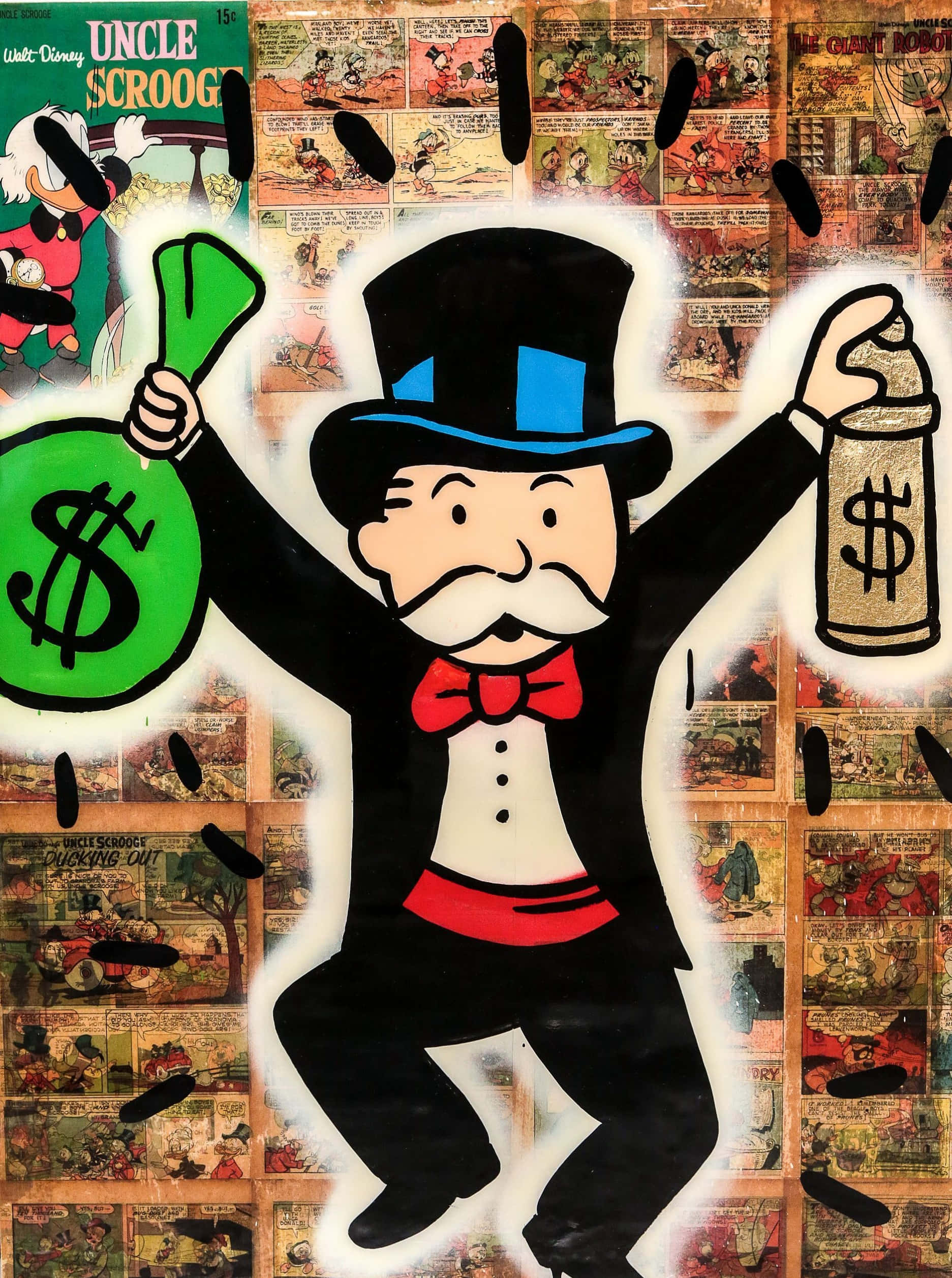 Monopoly Man 桌布 壁紙 — 一個充滿活力的塗鴉風格大富翁男子，手持錢袋，背景是復古史高治叔叔漫畫面板。