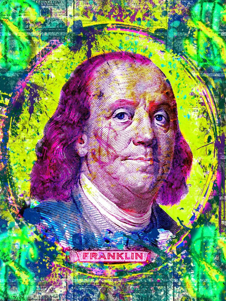 Franklin 桌布 壁紙 — 一個充滿活力的塗鴉風格班傑明·富蘭克林肖像，帶有霓虹噴濺和美元鈔票碎片，置於圓形框架內。