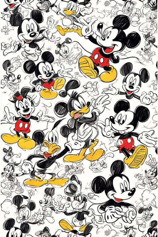 Retro Mickey & Friends Comic Pop 壁紙 — 一個充滿活力的壁紙圖案，重複出現米奇老鼠和唐老鴨的經典卡通姿勢草圖，帶有粗黑輪廓和鮮黃色鞋子。