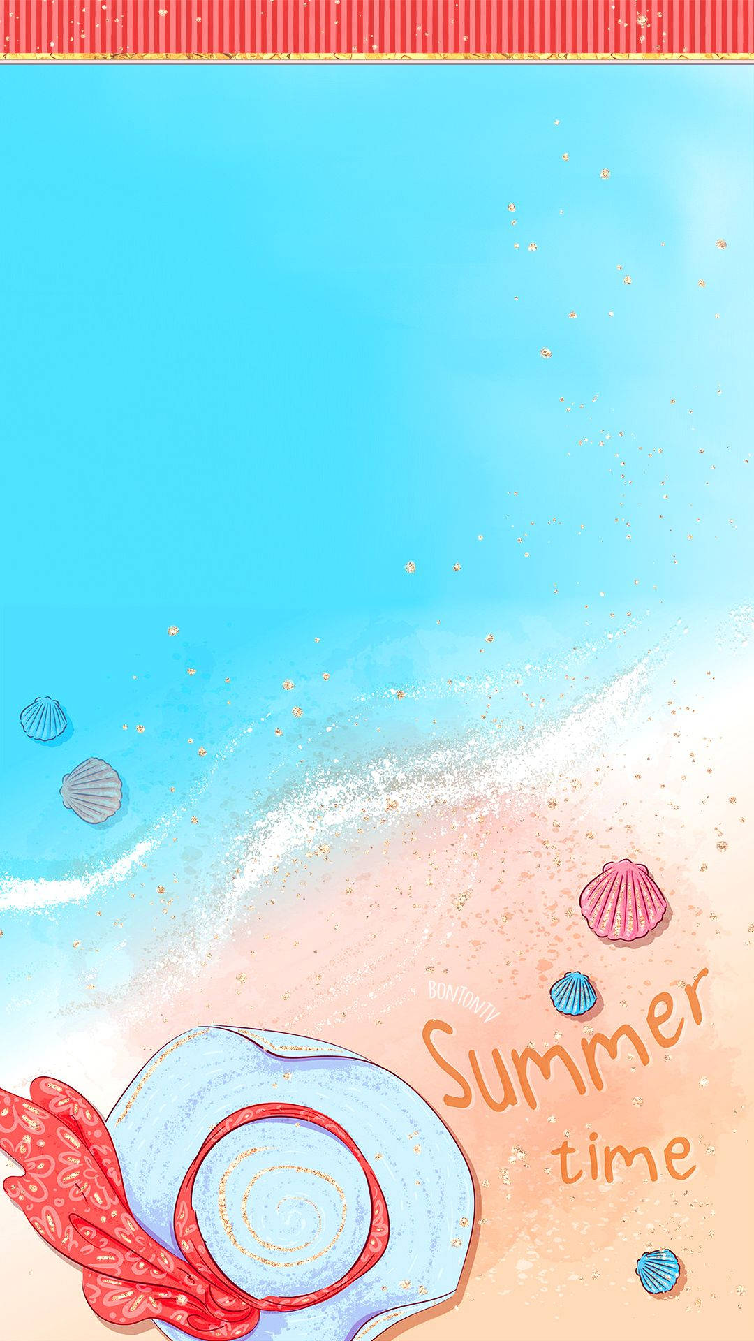 可愛夏天 桌布 壁紙 — 一個充滿活力的夏日海灘場景，有藍色帽子、紅色圍巾、貝殼和清澈天空下閃閃發光的水。