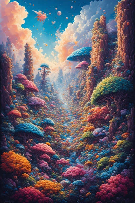 Vibrant Inspiring Digital Art Idea Sparking 8K 壁紙 — 一個充滿活力的外星峽谷，有多彩的球根狀樹木，天空充滿漂浮的球體和蓬鬆的雲朵。