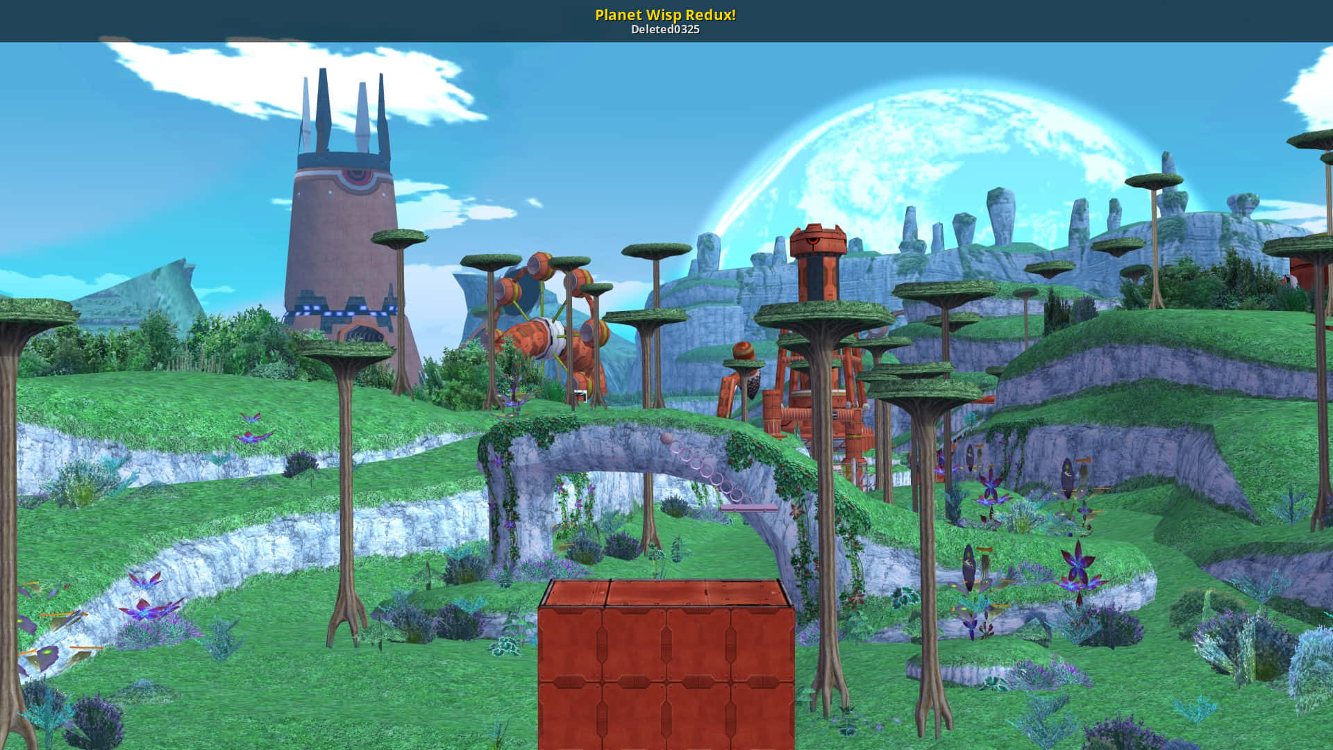 Sonic Planet Wisp 桌布 壁紙 — 一個充滿活力的外星景觀，有浮動平台、綠色山丘和明亮的藍色天空中一個巨大的發光月亮。
