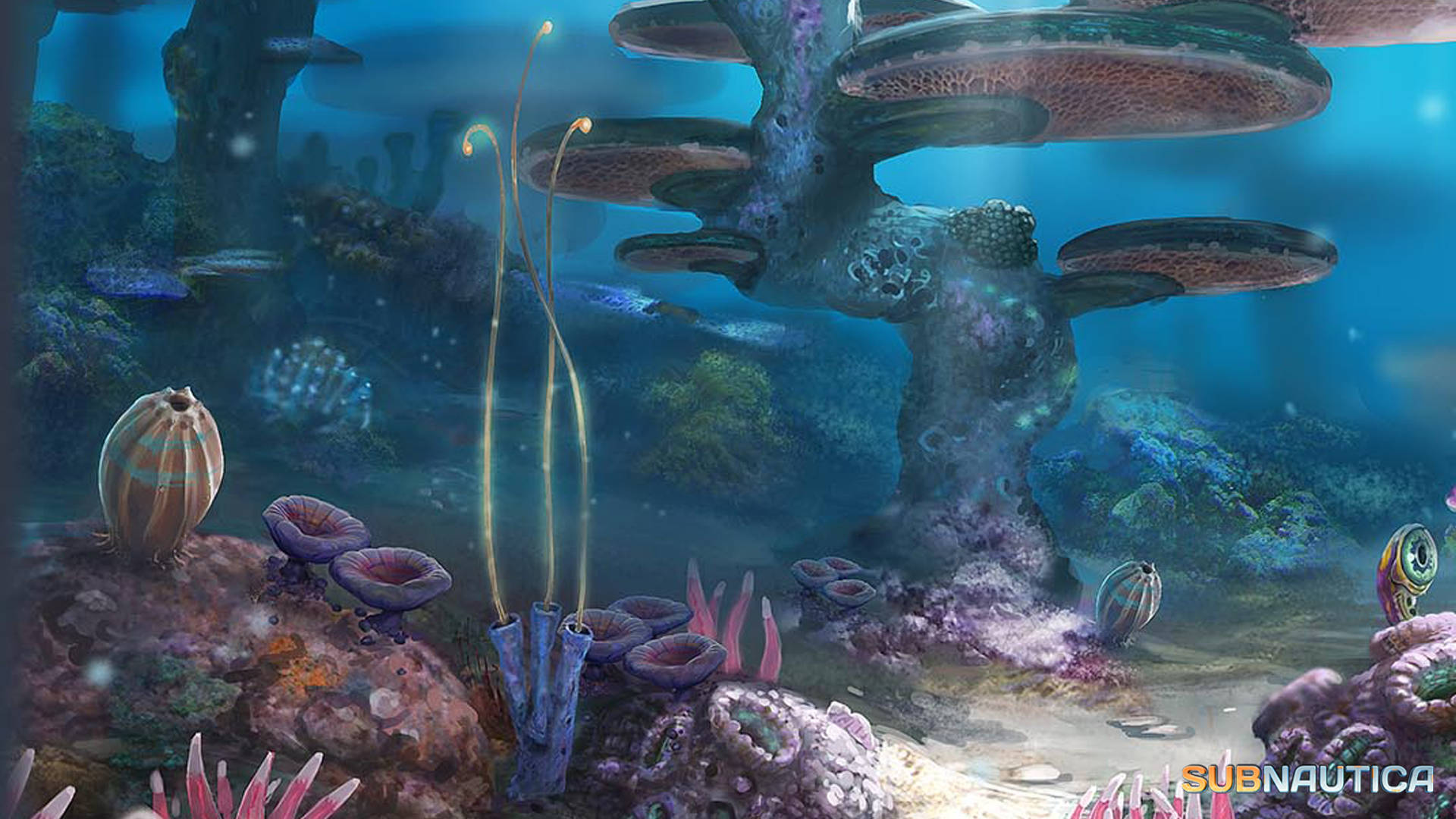 深海迷航 桌布 壁紙 — 一個充滿活力的外星水下場景，有發光的珊瑚狀結構和沐浴在藍光中的異國海洋生物。