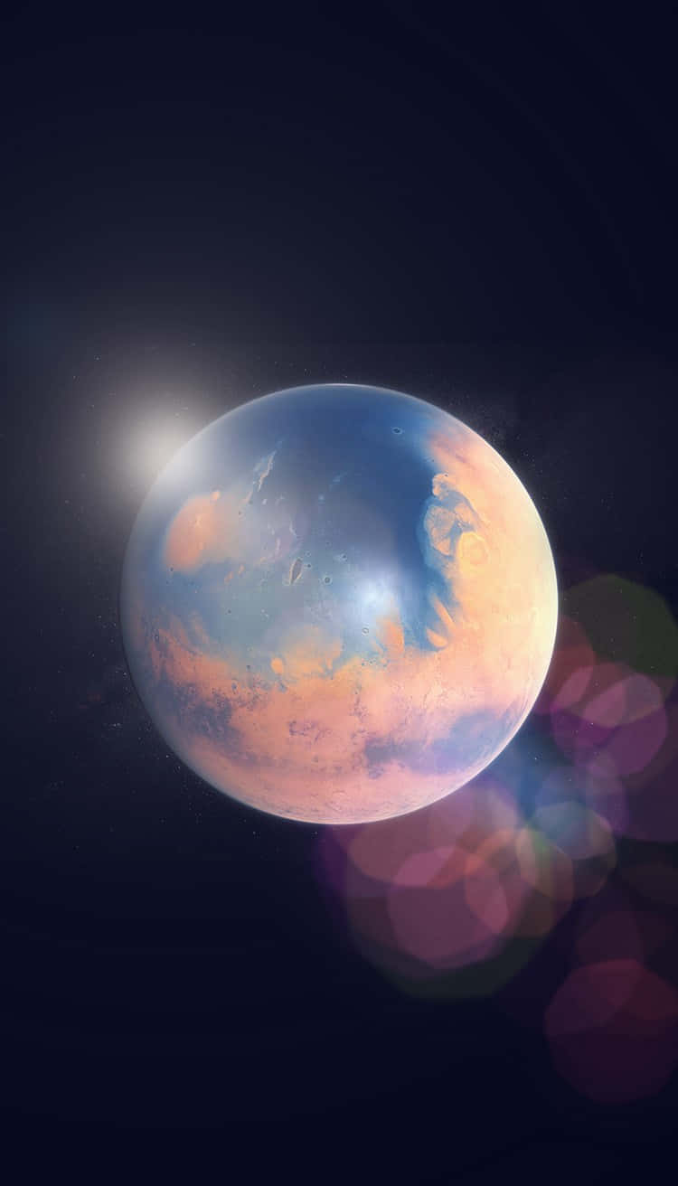 planet earth 桌布 壁紙 — 一個充滿活力的外星行星，帶有旋轉的藍色和橙色雲層，在星光虛空中發光，帶有鏡頭光暈效果。