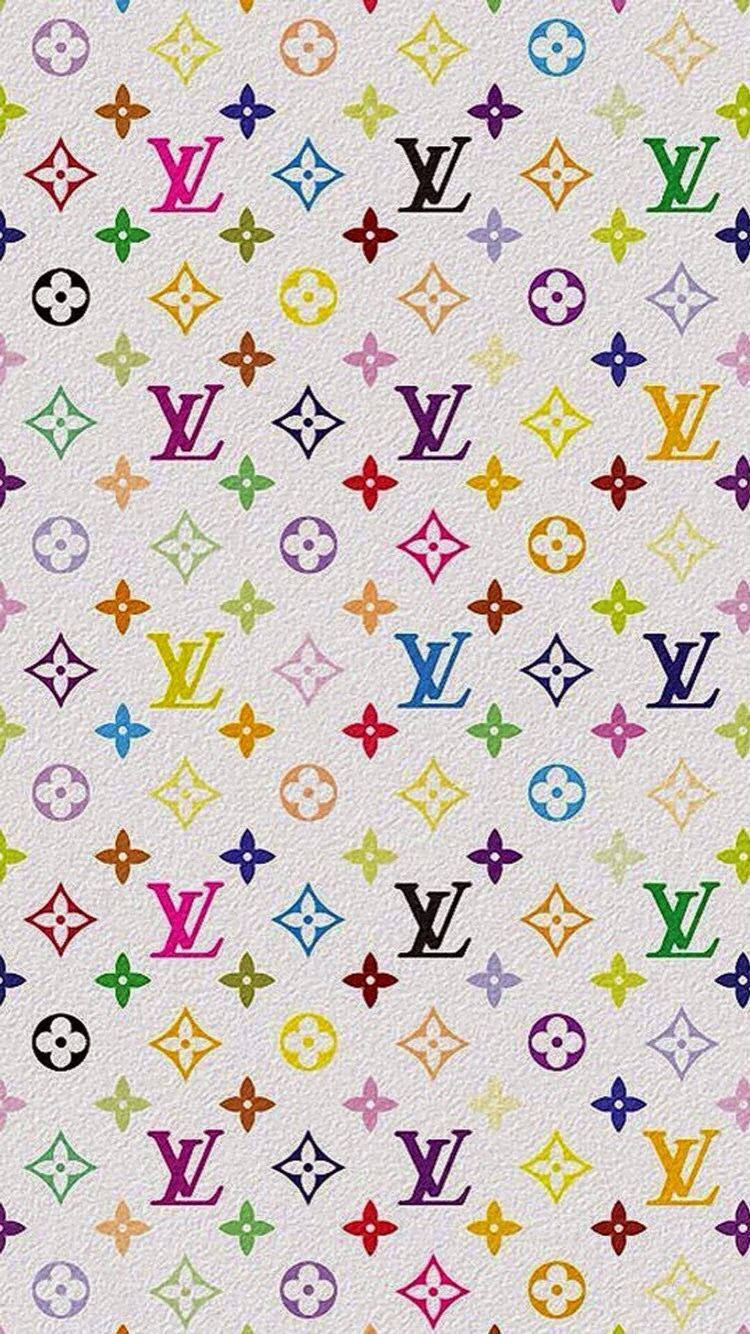 Y2K 美學 桌布 壁紙 — 一個充滿活力的多色路易威登字母組合圖案在紋理白色背景上重複，形成密集的壁紙設計。