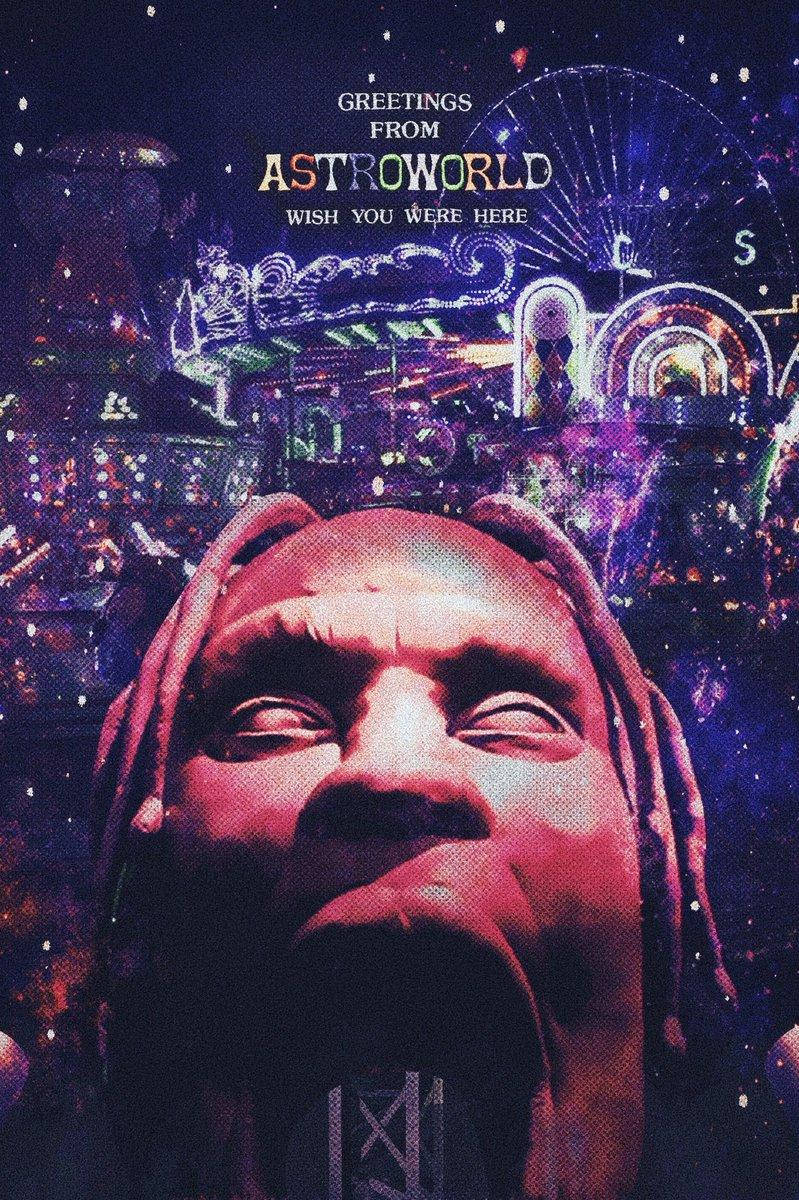 崔維斯·史考特 天文世界 桌布 壁紙 — 一個充滿活力的夜景，前景是微笑的臉，背後是閃閃發光的嘉年華和星空。