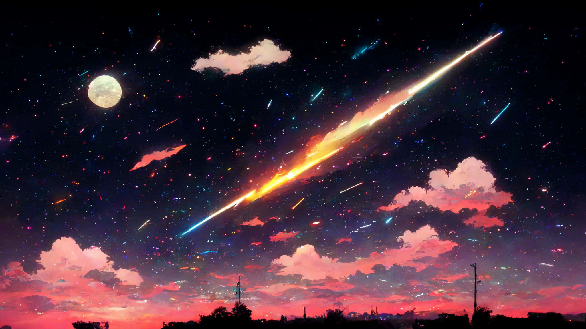 Midjourney 桌布 壁紙 — 一個充滿活力的夜空，點綴著色彩繽紛的流星和一輪發光的月亮，映襯著剪影般的地貌。