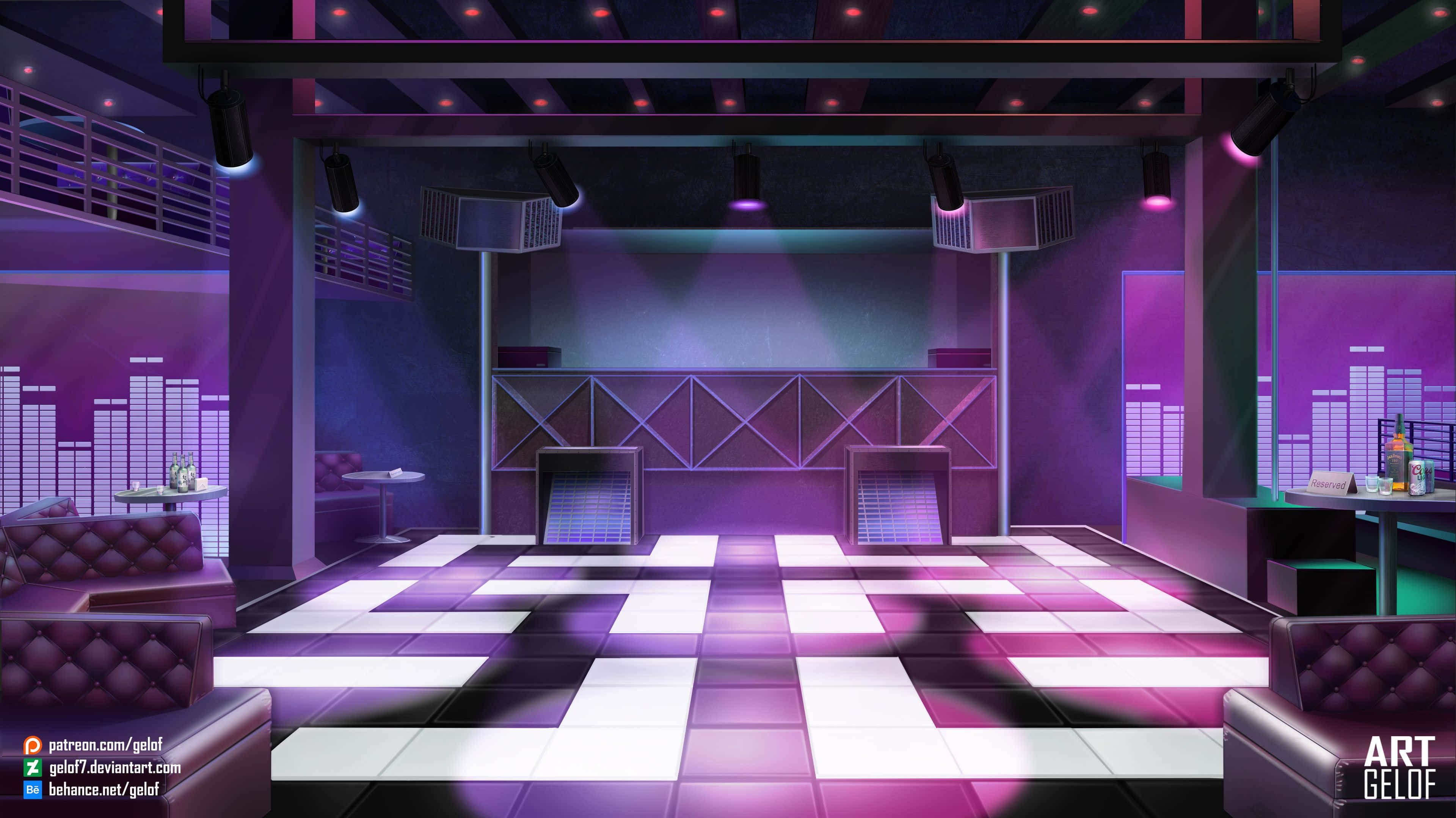 Club Party 桌布 壁紙 — 一個充滿活力的夜總會，在聚光燈和霓虹燈牆下設有發光的紫色和白色棋盤格舞池。