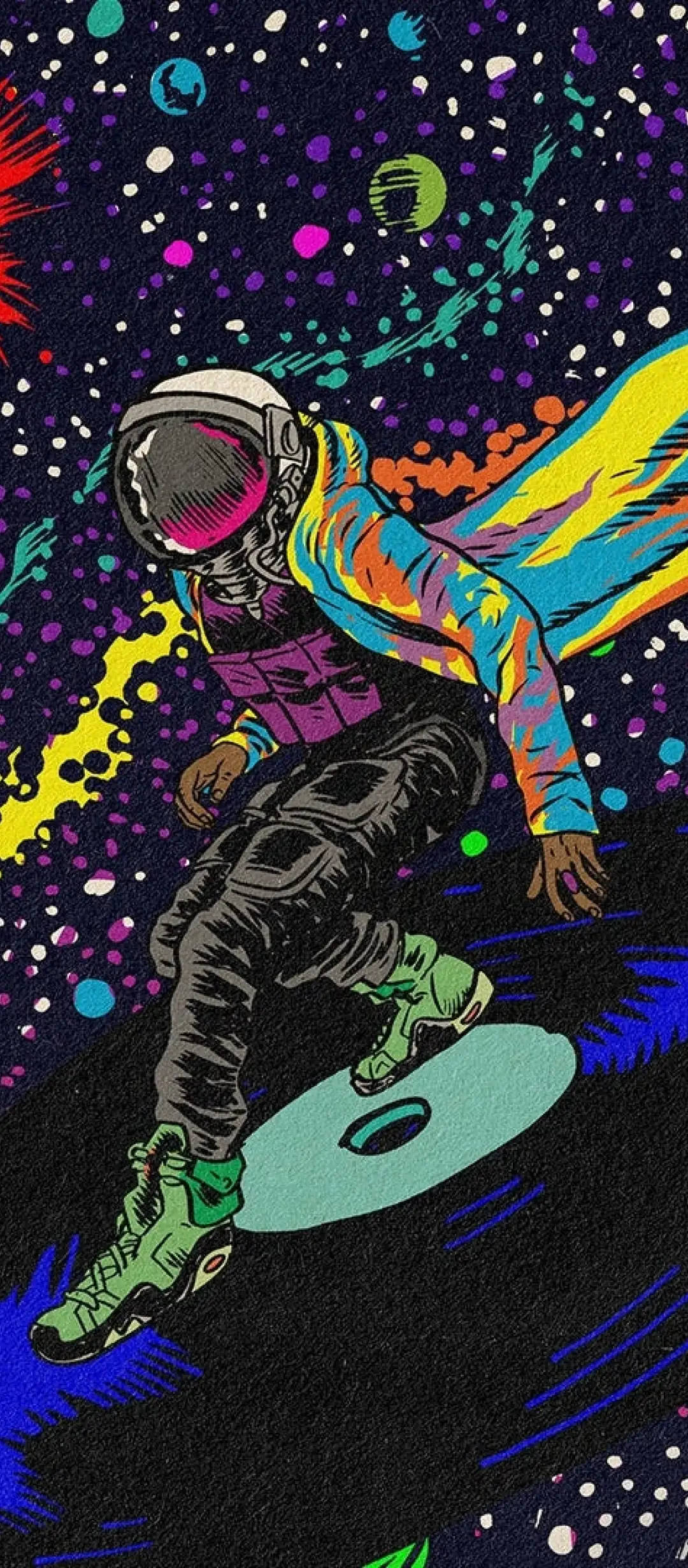 藝術 桌布 壁紙 — 一個充滿活力的太空人在一塊發光的滑板上衝浪，穿越一個充滿色彩繽紛行星和星星的宇宙星系。