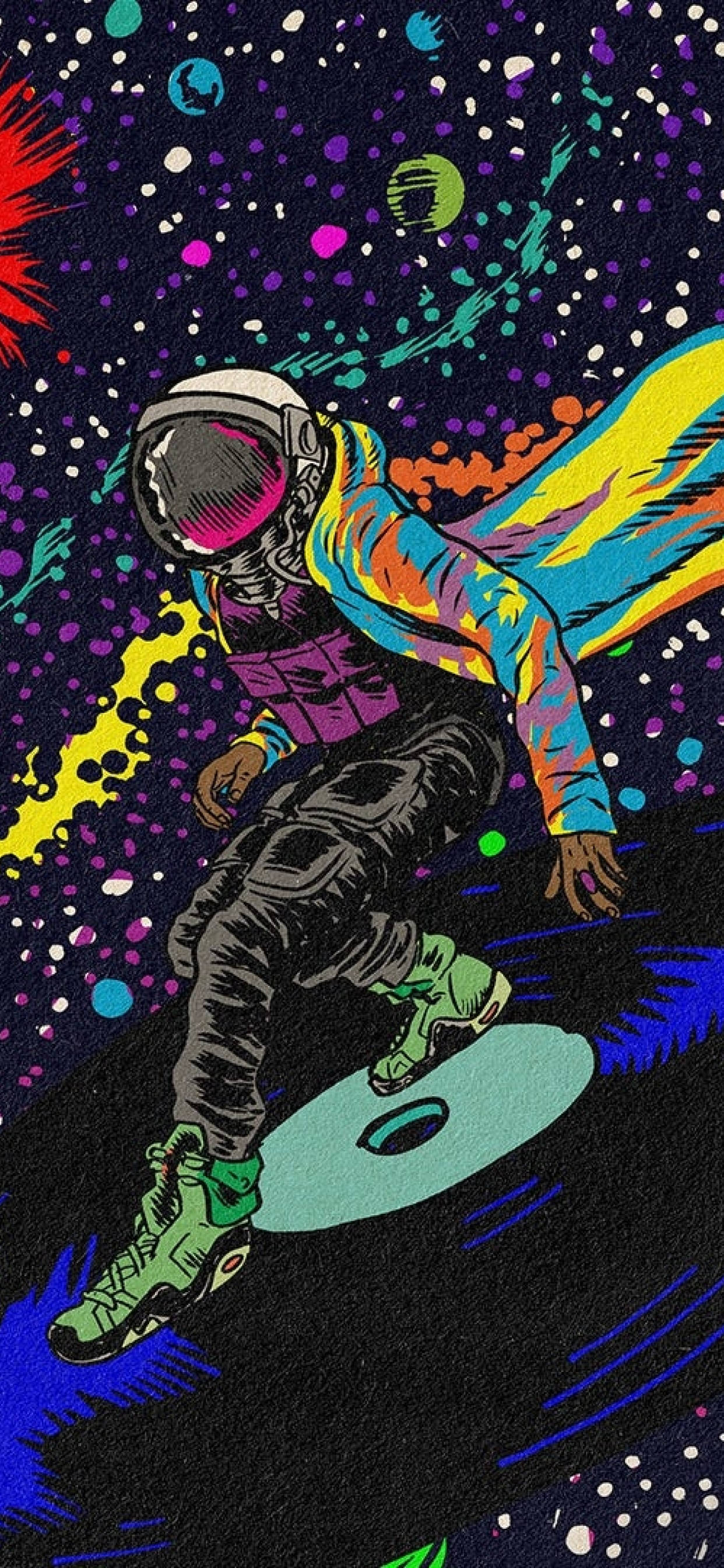 崔維斯·史考特 桌布 壁紙 — 一個充滿活力的太空人在宇宙波浪上衝浪，穿越充滿色彩繽紛行星和恆星的迷幻星系。