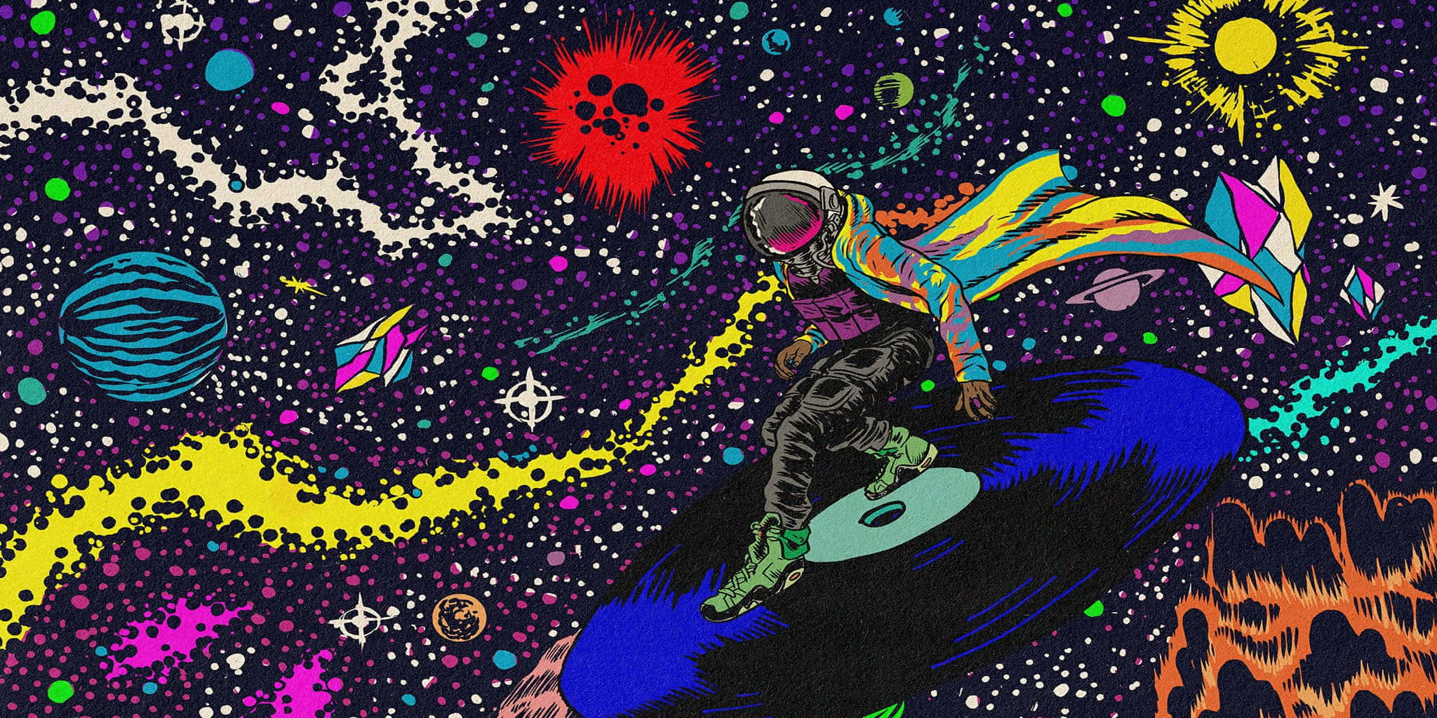 Astroworld 桌布 壁紙 — 一個充滿活力的太空人在宇宙波浪上衝浪，穿越一個充滿色彩繽紛行星和恆星的迷幻星系。