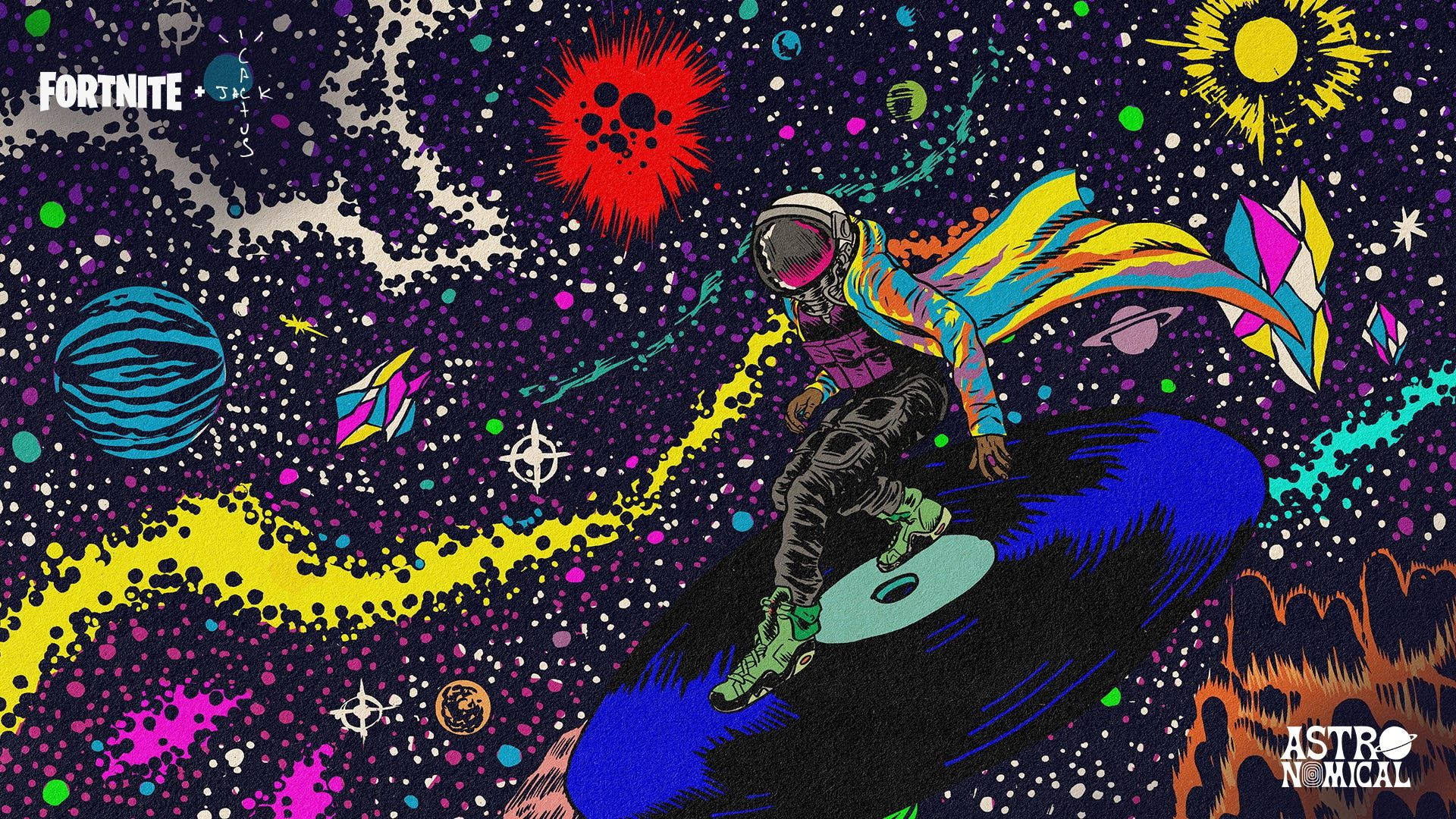 崔維斯·史考特 要塞英雄 桌布 壁紙 — 一個充滿活力的太空人在宇宙波浪上衝浪，穿越一個充滿色彩繽紛行星和恆星的迷幻星系。