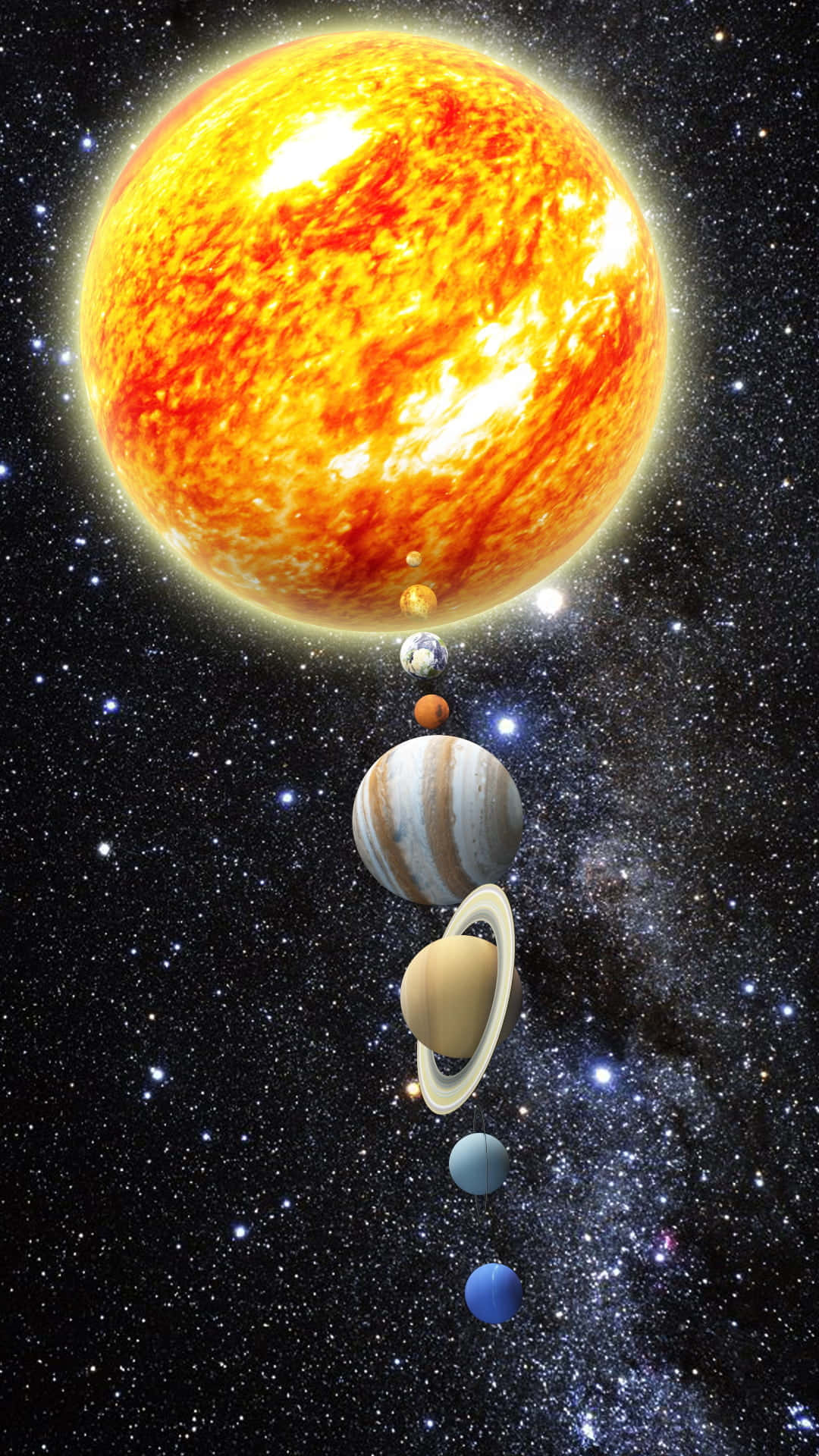 Earth Science 桌布 壁紙 — 一個充滿活力的太陽系，熾熱的太陽和行星垂直排列在繁星點點的宇宙背景上。