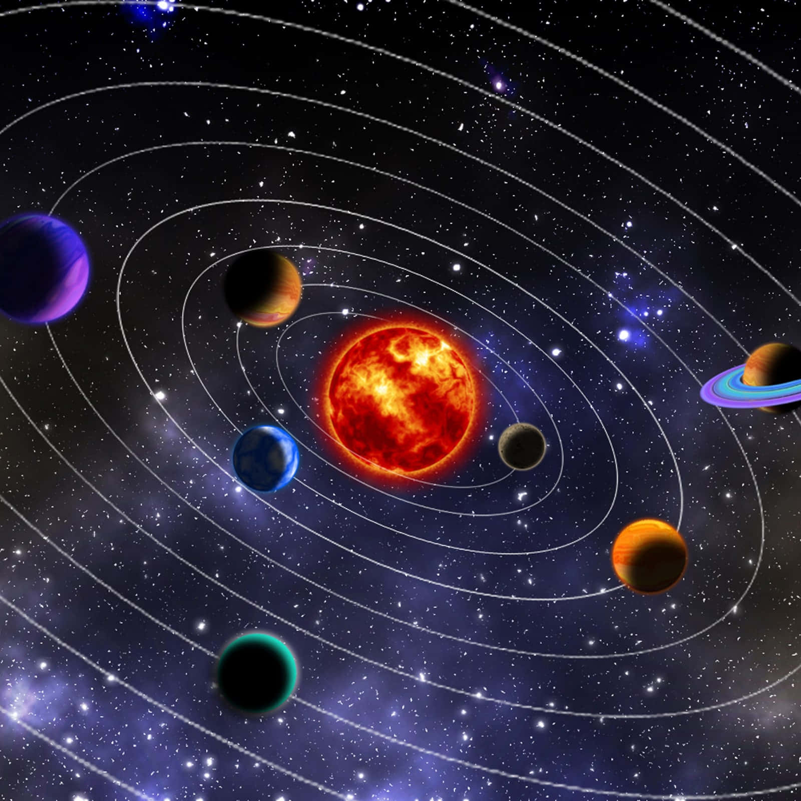 一個色彩繽紛的太陽系，行星在星空中圍繞明亮的太陽運行。 — 太陽系 GIF 壁紙