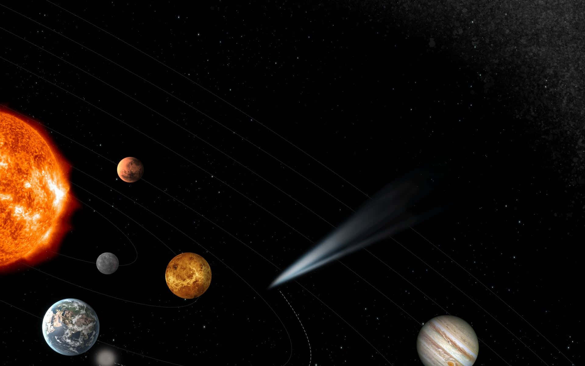 1920x1200 桌布 壁紙 — 一個充滿活力的太陽系，行星圍繞熾熱的太陽運行，彗星劃過繁星點點的虛空。