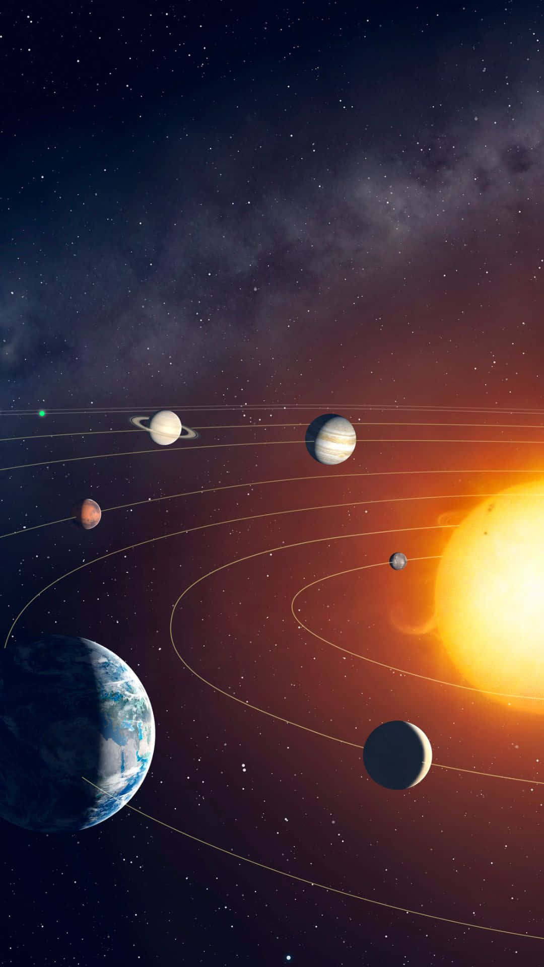 行星動畫 桌布 壁紙 — 一個充滿活力的太陽系，行星圍繞著發光的太陽運行，背景是繁星點點的宇宙。