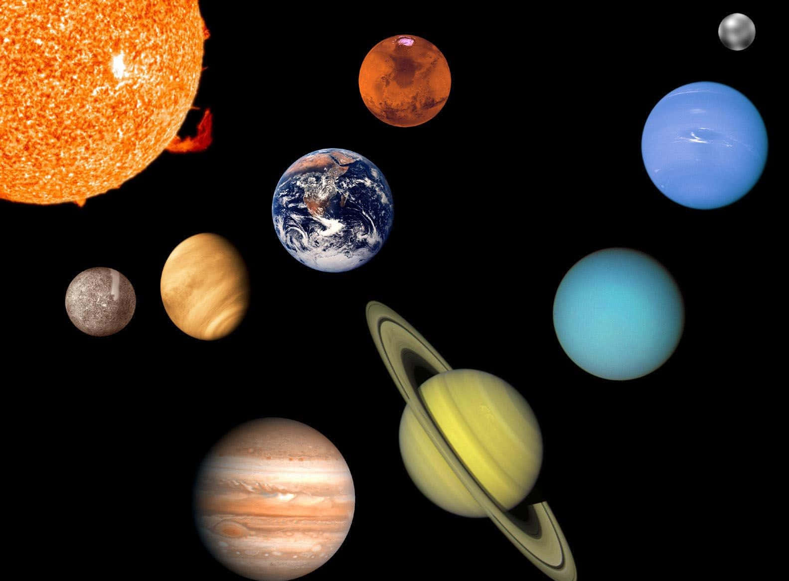 太陽系 桌布 壁紙 — 一個充滿活力的太陽系展示，包括太陽和行星，如地球、火星、木星、土星和海王星，漂浮在黑色虛空中。
