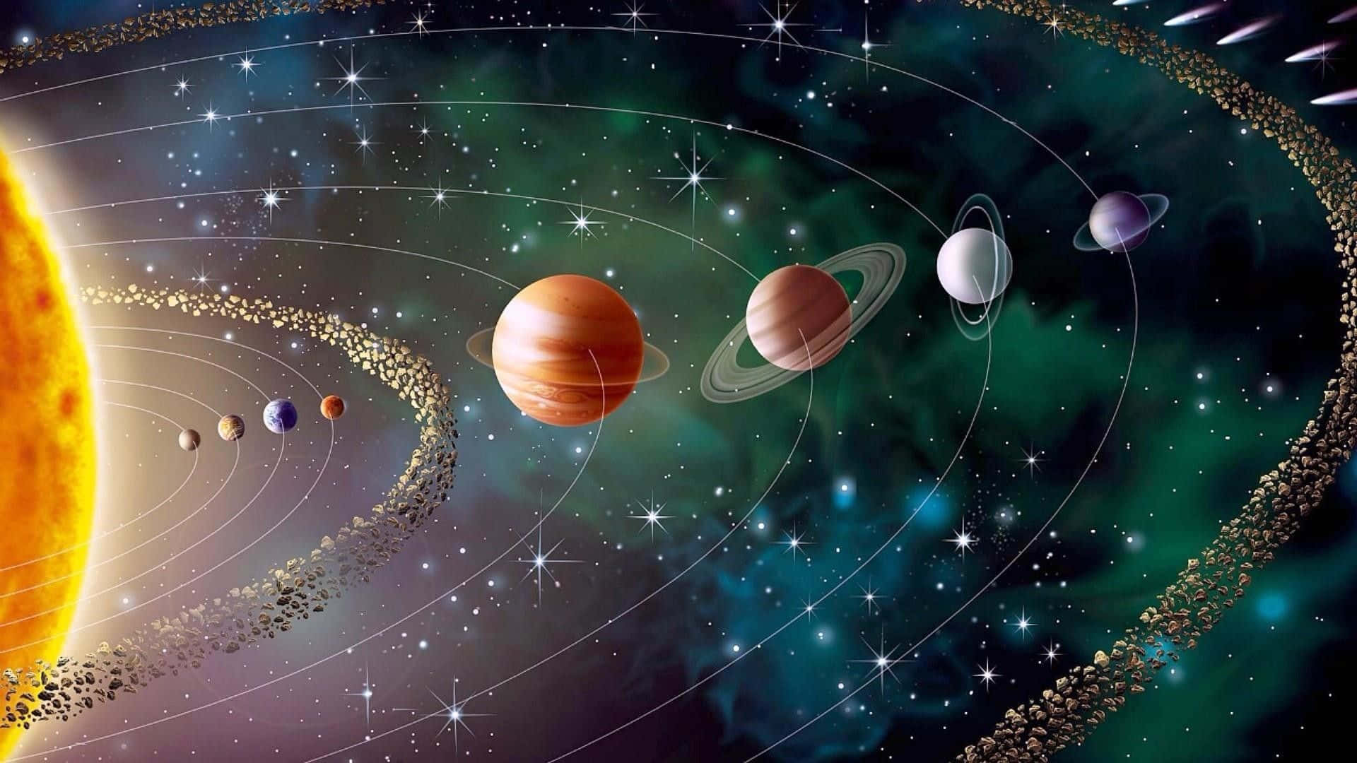 Earth Science 桌布 壁紙 — 一個充滿活力的太陽系插圖，行星圍繞著發光的太陽運行，背景是星光燦爛的宇宙。