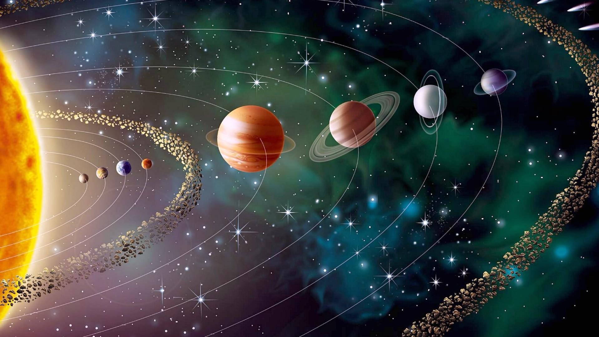 太陽系 桌布 壁紙 — 一個充滿活力的太陽系插圖，行星圍繞著發光的太陽運行，背景是繁星點點的宇宙。