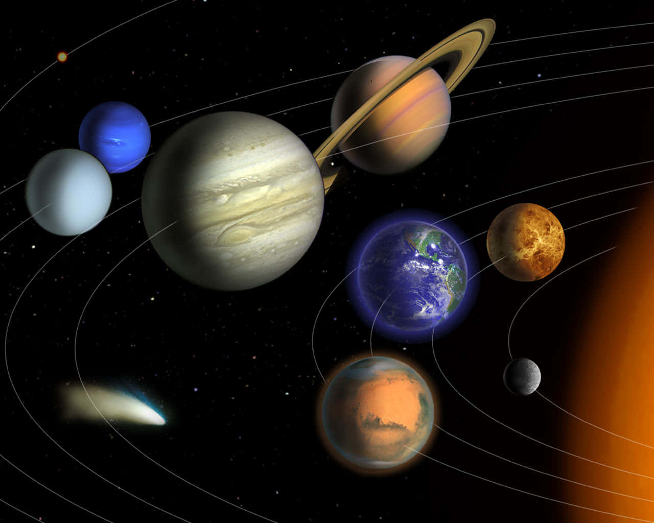 太陽系 桌布 壁紙 — 一個充滿活力的太陽系數位插圖，行星在星光閃爍的黑色背景上運行。