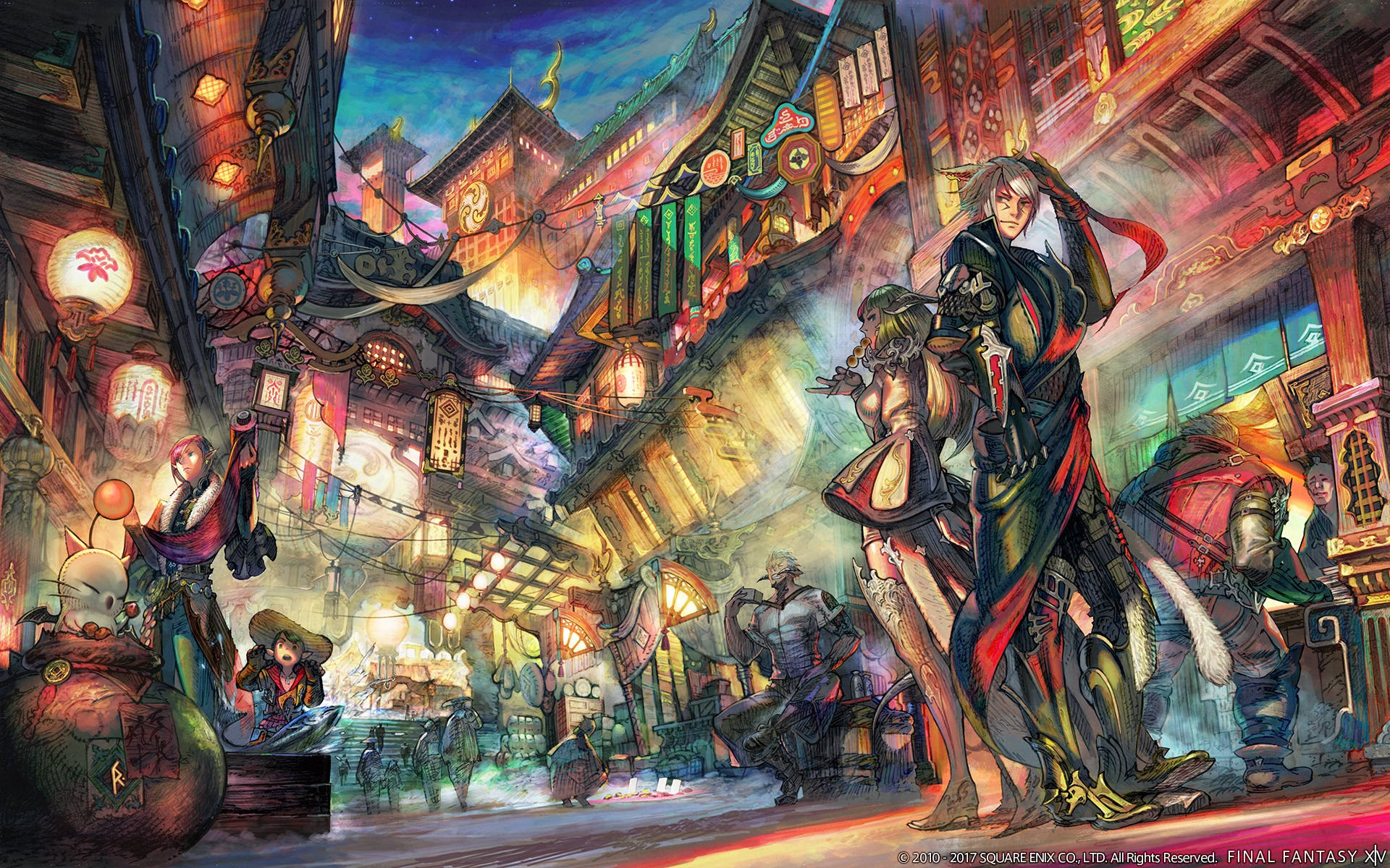 電玩遊戲 桌布 壁紙 — 一個充滿活力的奇幻動漫場景描繪了在夜晚霓虹燈閃爍的繁華日本風格小巷中，身穿盔甲的戰士和商人。