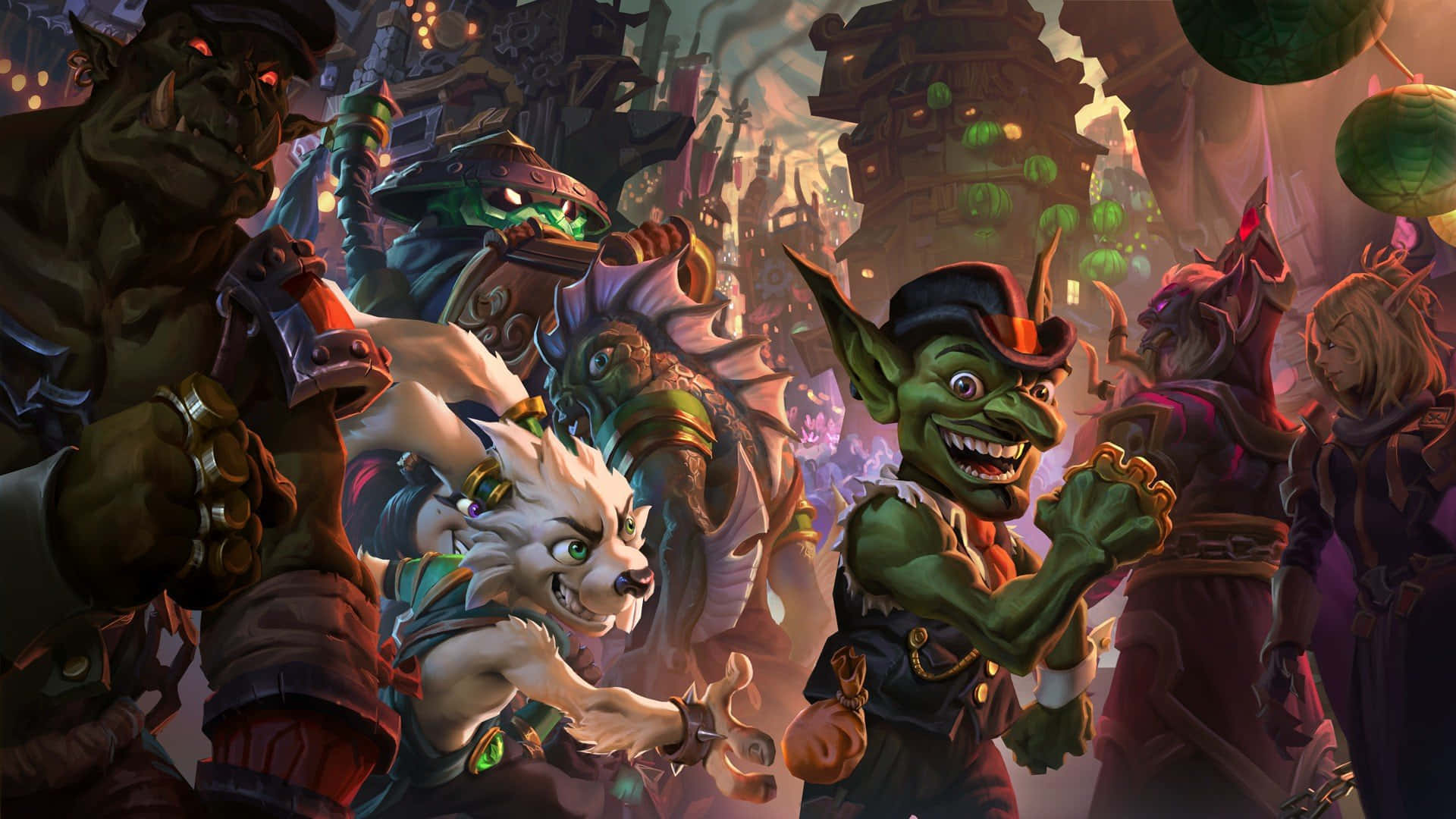 1920x1080 Hearthstone 桌布 壁紙 — 一個充滿活力的奇幻場景， featuring 哥布林和獸人在一個繁華多彩的城市中，有發光的燈籠和華麗的建築。