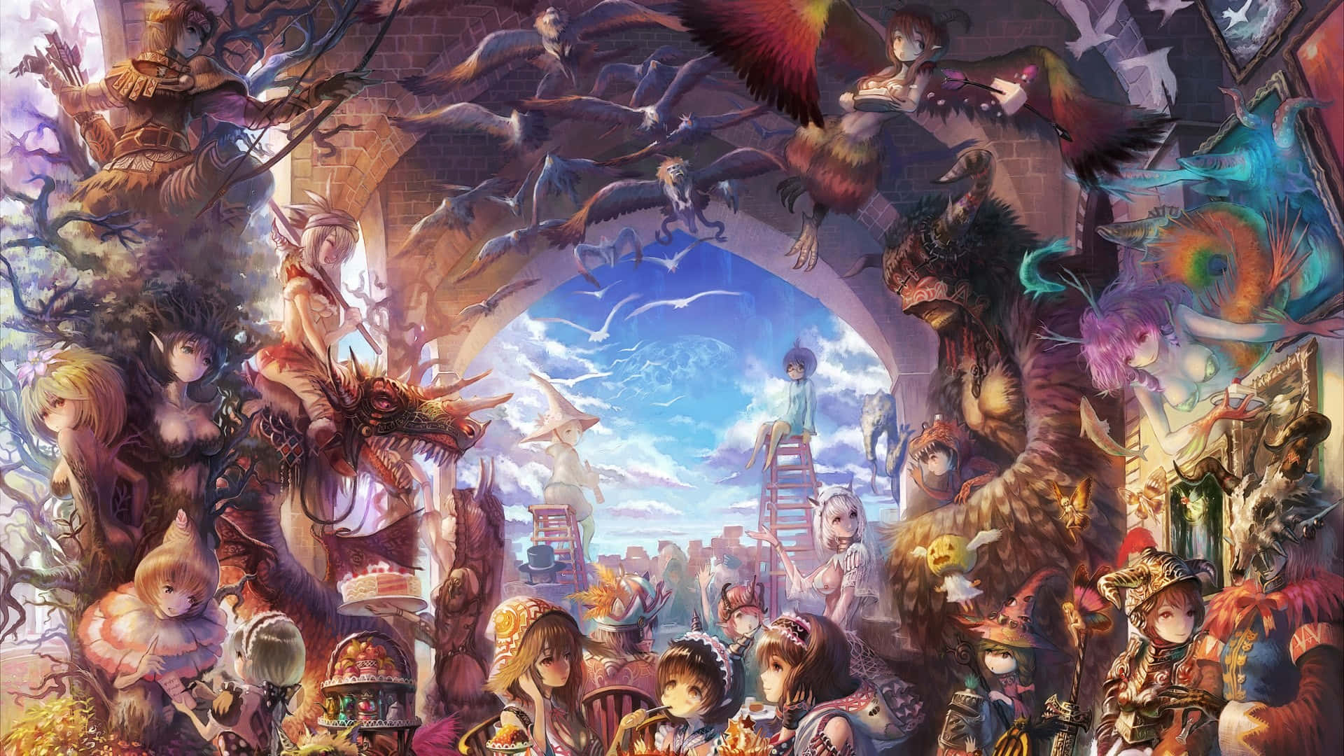 動漫角色 桌布 壁紙 — 一個充滿活力的奇幻場景，充滿了各種神話生物和角色，聚集在宏偉的拱門下。