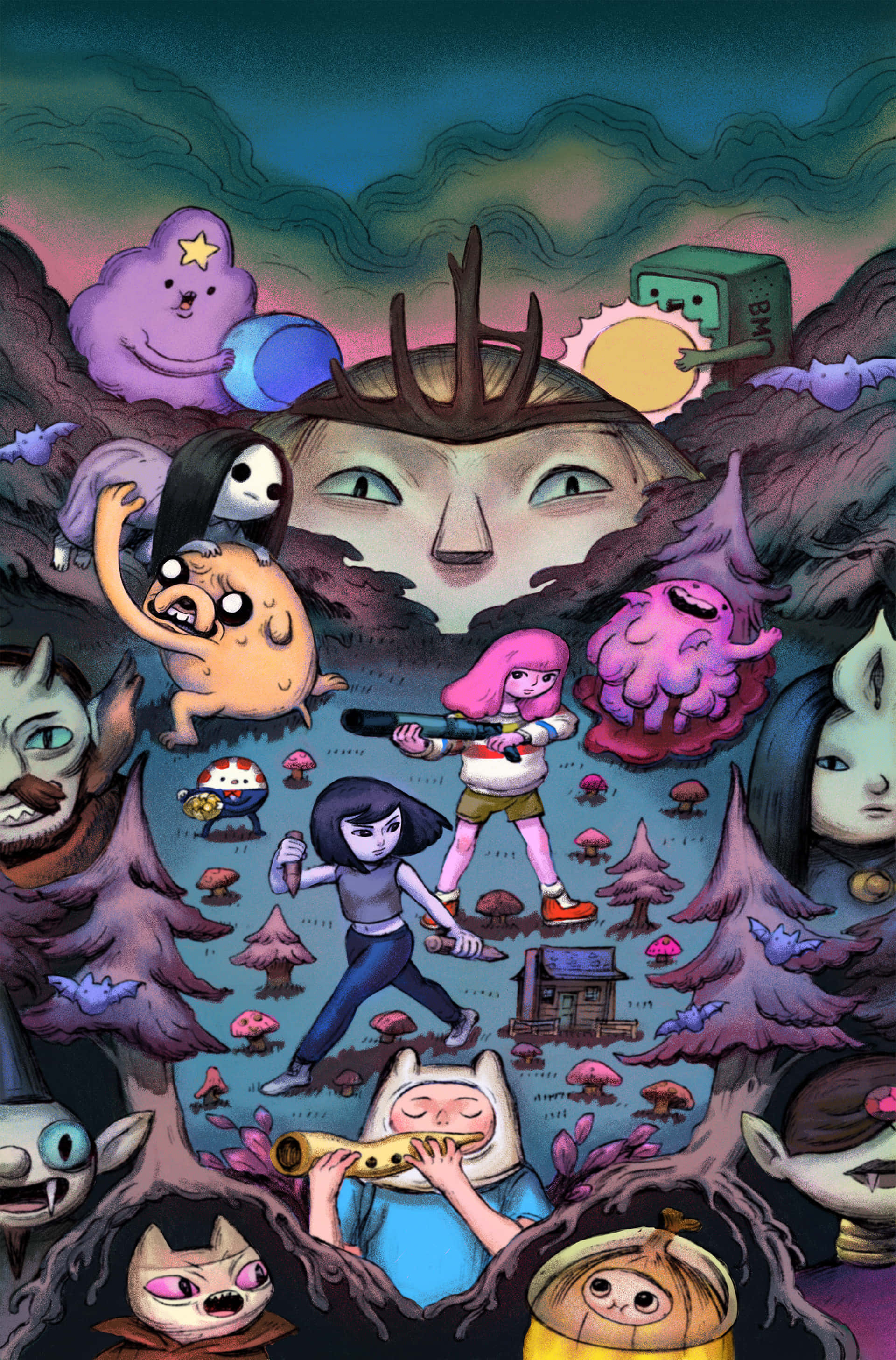 Adventure Time Cute 桌布 壁紙 — 一個充滿活力的奇幻場景，動畫角色如芬恩和傑克在暮色天空下探索一個充滿巨型面孔和發光蘑菇的超現實森林。
