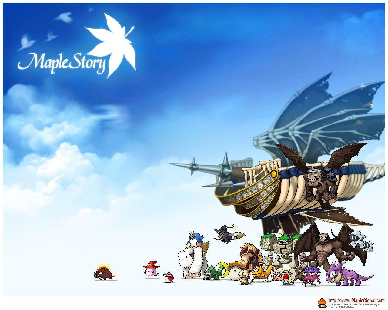 Maplestory 2 桌布 壁紙 — 一個充滿活力的奇幻場景，包含多種卡通角色和一艘巨大的飛船，背景是明亮的藍天和蓬鬆的雲朵。