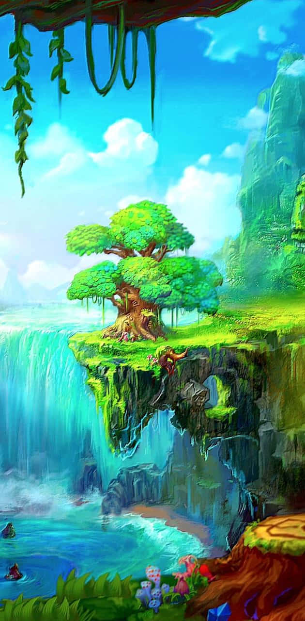 Fantasy Phone 桌布 壁紙 — 一個充滿活力的奇幻場景，描繪了一棵雄偉的綠樹棲息在懸崖上，俯瞰著在明亮藍天下傾瀉而下的瀑布。