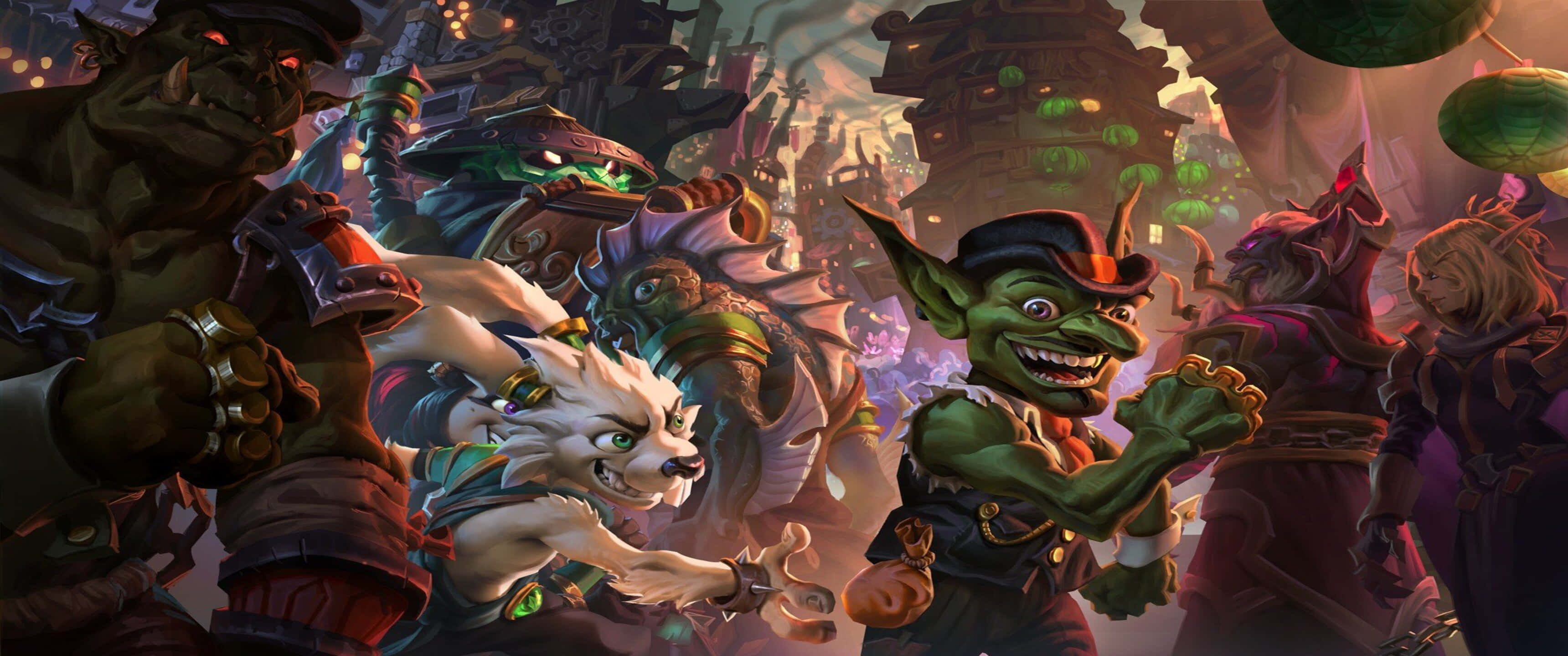 3440x1440p Hearthstone 桌布 壁紙 — 一個充滿活力的奇幻場景，有哥布林和狼狀生物在熱鬧多彩的地下酒館中。