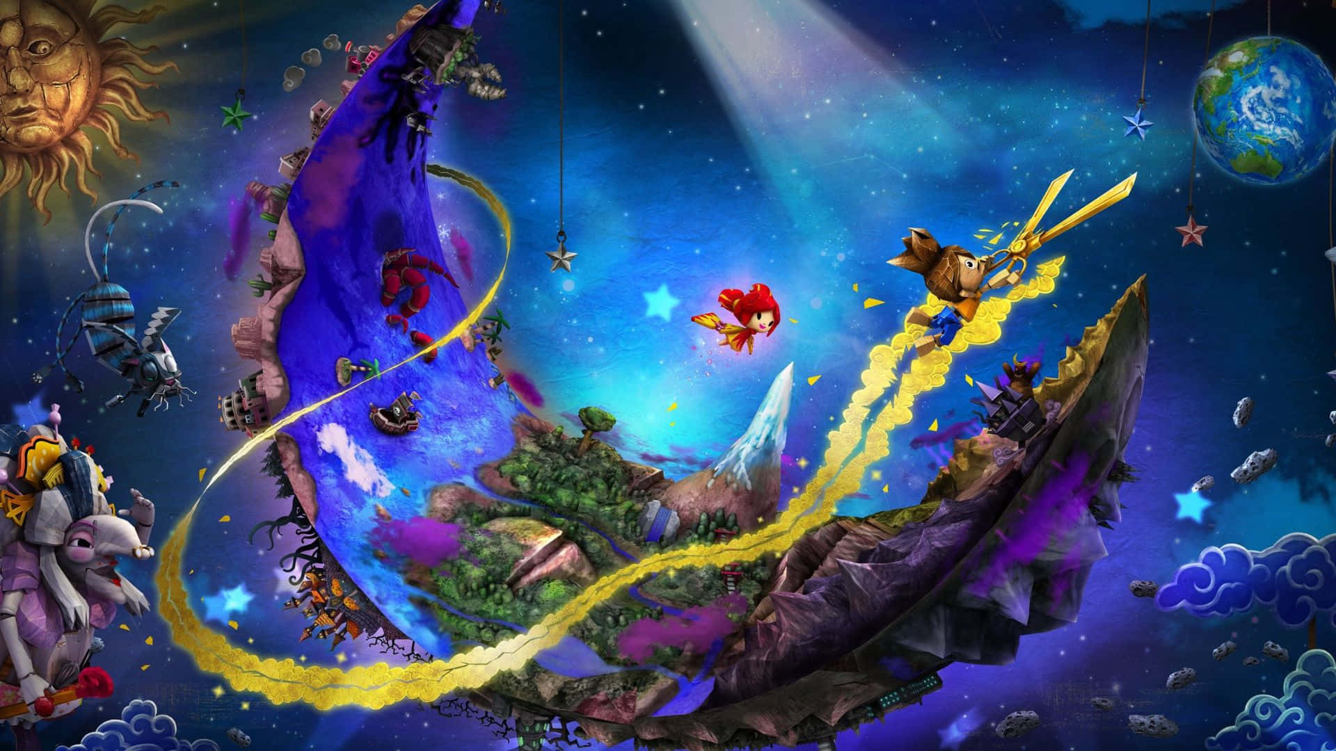 高畫質遊戲 桌布 壁紙 — 一個充滿活力的奇幻場景，有浮島、一個紅髮角色在飛翔，還有一個太陽臉行星在繁星點點的宇宙天空中。