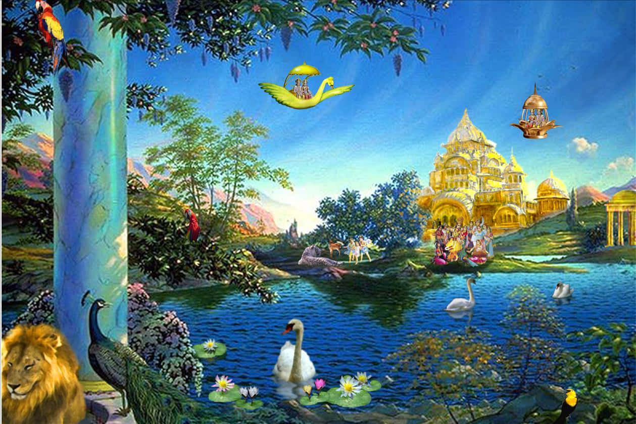 天堂 桌布 壁紙 — 一個充滿活力的奇幻場景，金色宮殿漂浮在寧靜的湖面上，周圍環繞著異國動物和茂密的綠色植物，在明亮的藍天下。