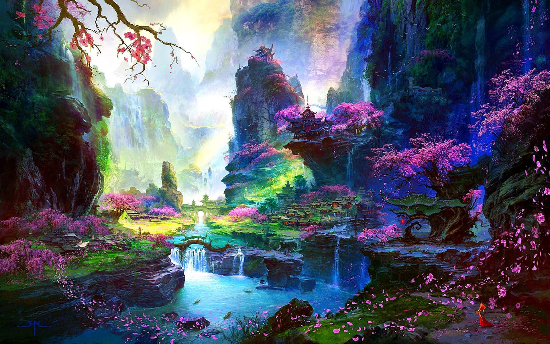 Beautiful Nature 桌布 壁紙 — 一個充滿活力的奇幻山谷，有漂浮的寶塔、層疊的瀑布和粉紅色的櫻花，在燦爛的天空下閃閃發光。
