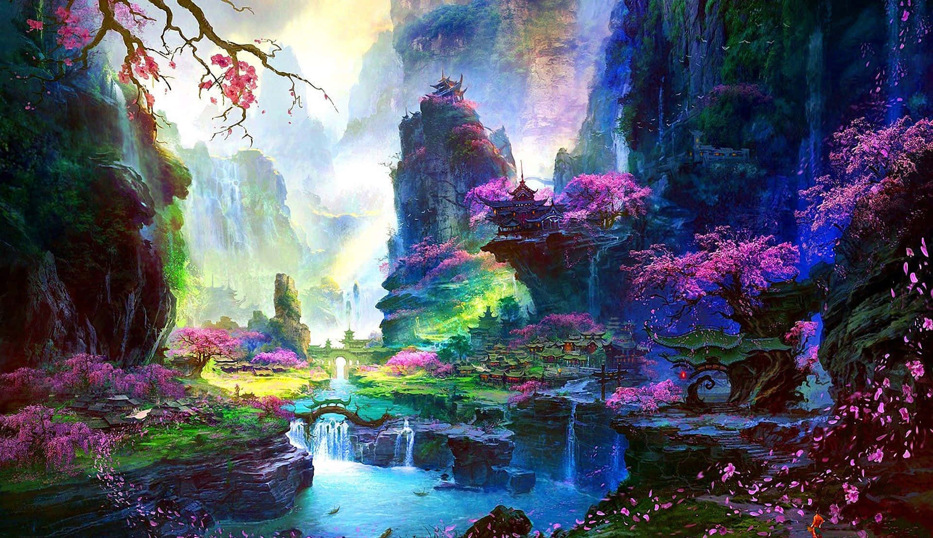 Sakura Blossom 桌布 壁紙 — 一個充滿活力的奇幻山谷，有漂浮的寶塔、層疊的瀑布和粉紅色的櫻花，在燦爛的天空下閃耀。