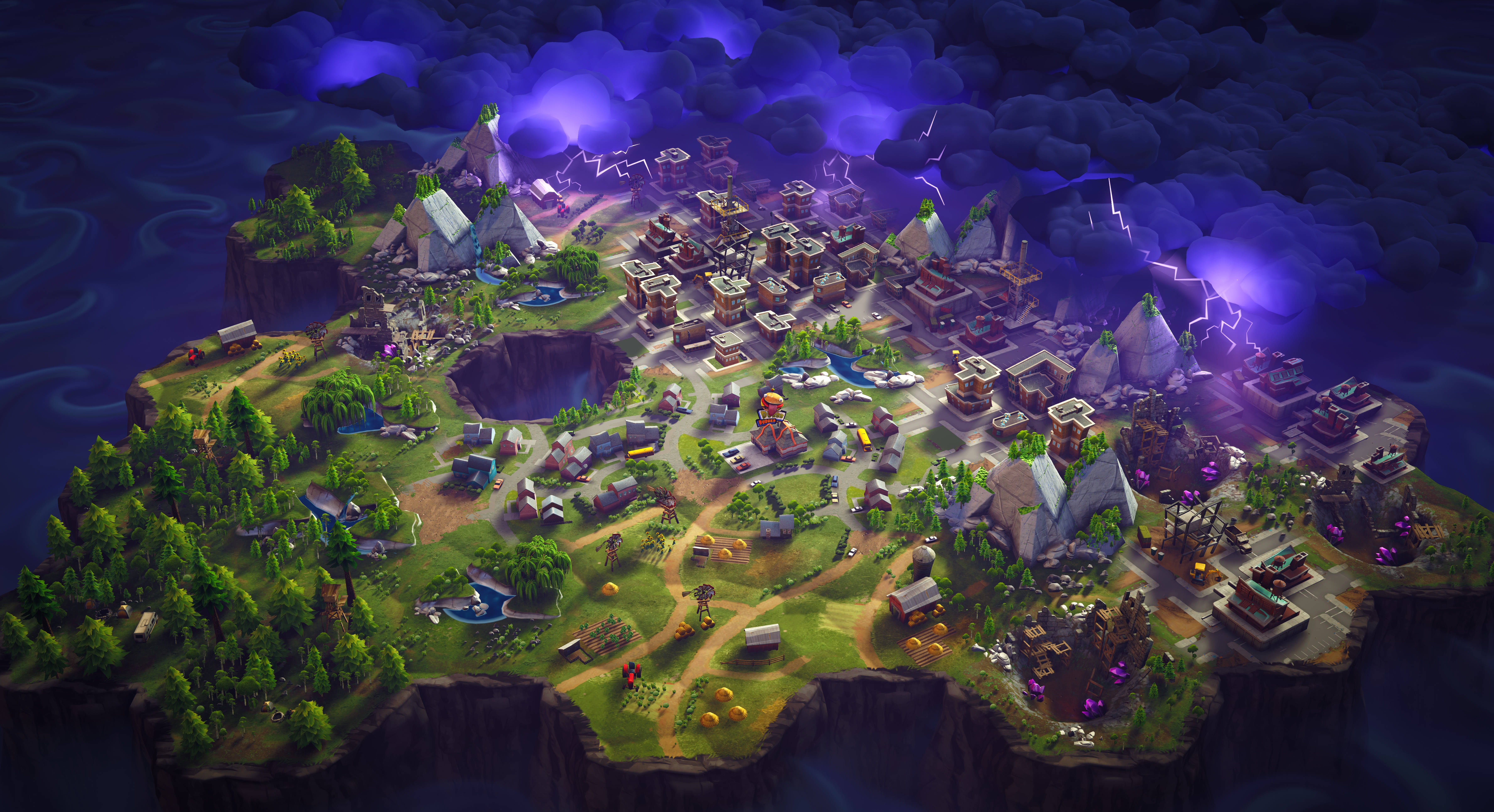 Fortnite iPad 桌布 壁紙 — 一個充滿活力的奇幻島嶼村莊，坐落在茂密的綠意中，上方是帶有閃電的暴風雨紫色天空。