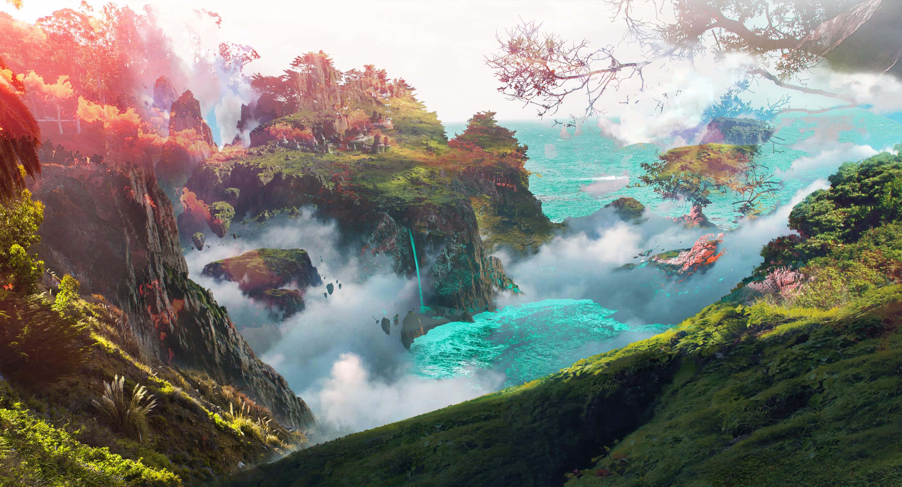 風景 桌布 壁紙 — 一個充滿活力的奇幻峽谷，擁有碧綠色的水域、霧氣繚繞的懸崖和明亮的天空下閃耀的紅色樹葉。