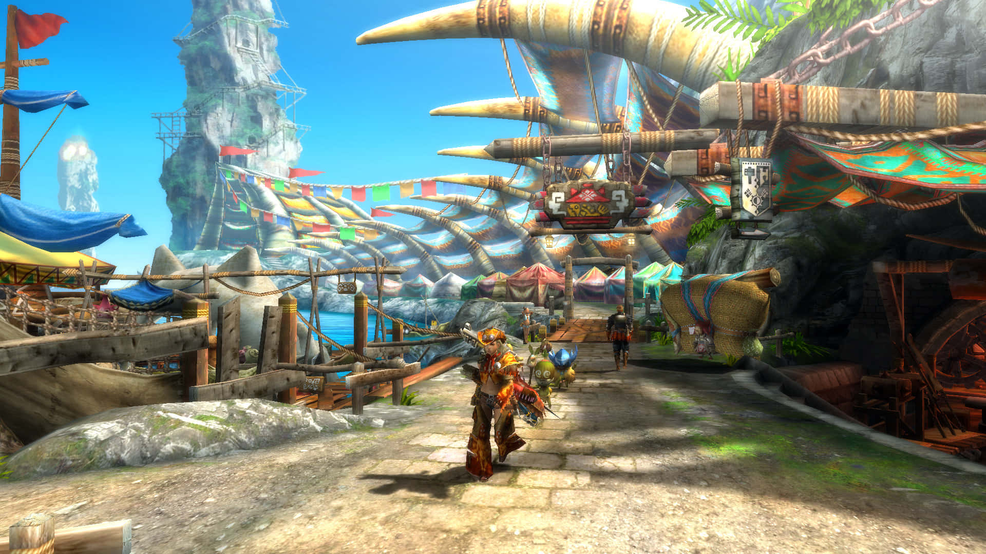 Monster Hunter 3 桌布 壁紙 — 一個充滿活力的奇幻市集，色彩繽紛的帳篷和巨大的角狀建築物，在明亮的藍天下。