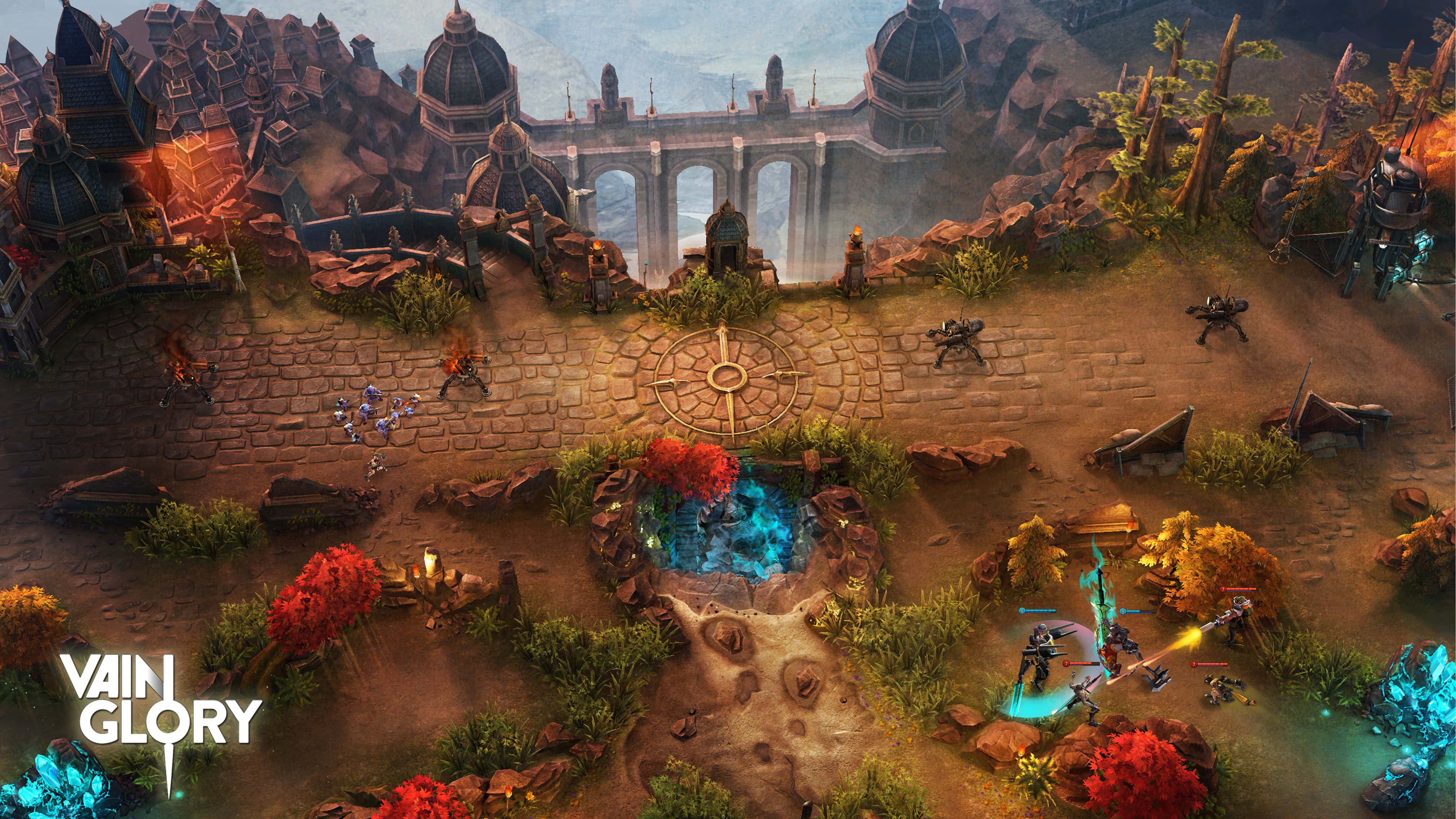 Moba Games 桌布 壁紙 — 一個充滿活力的奇幻戰場，在戲劇性的天空下，有發光的藍色水池和火熱的建築。