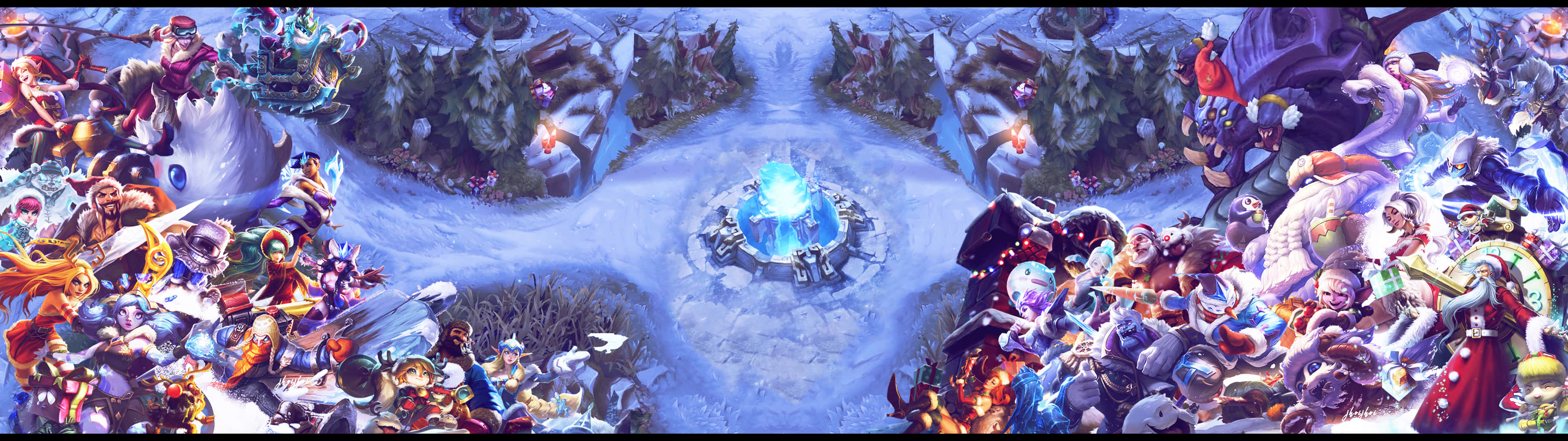 League Of Legends Dual Screen 桌布 壁紙 — 一個充滿活力的奇幻戰鬥場景，各種角色在雪地競技場中圍繞著發光的藍色水晶衝突。