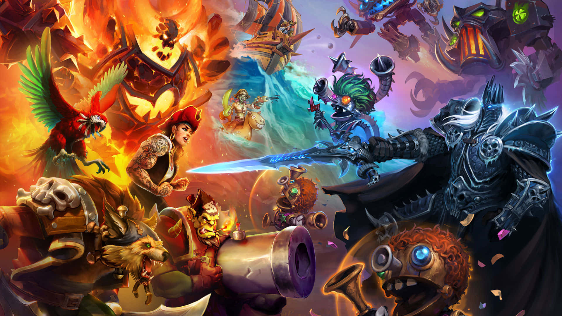 1920x1080 Hearthstone 桌布 壁紙 — 一個充滿活力的奇幻戰鬥場景，各種角色在火與冰的元素混亂中揮舞武器。