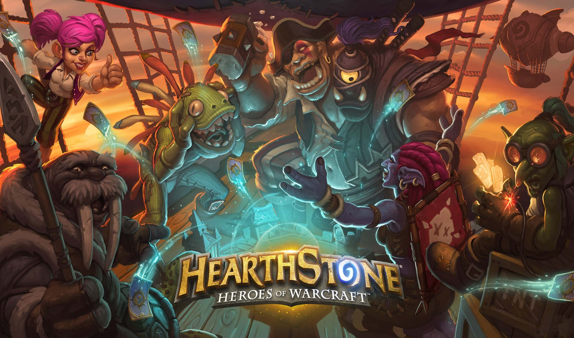 2440x1440 Hearthstone 桌布 壁紙 — 一個充滿活力的奇幻戰鬥場景，描繪了船上的不同角色，背景是發光的魔法和熾熱的日落。